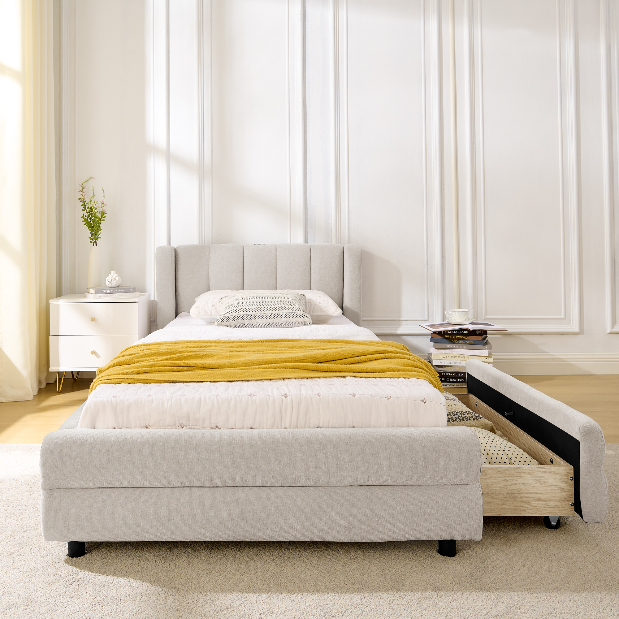 Lit simple 90x200 beige chenille 2 tiroirs USB