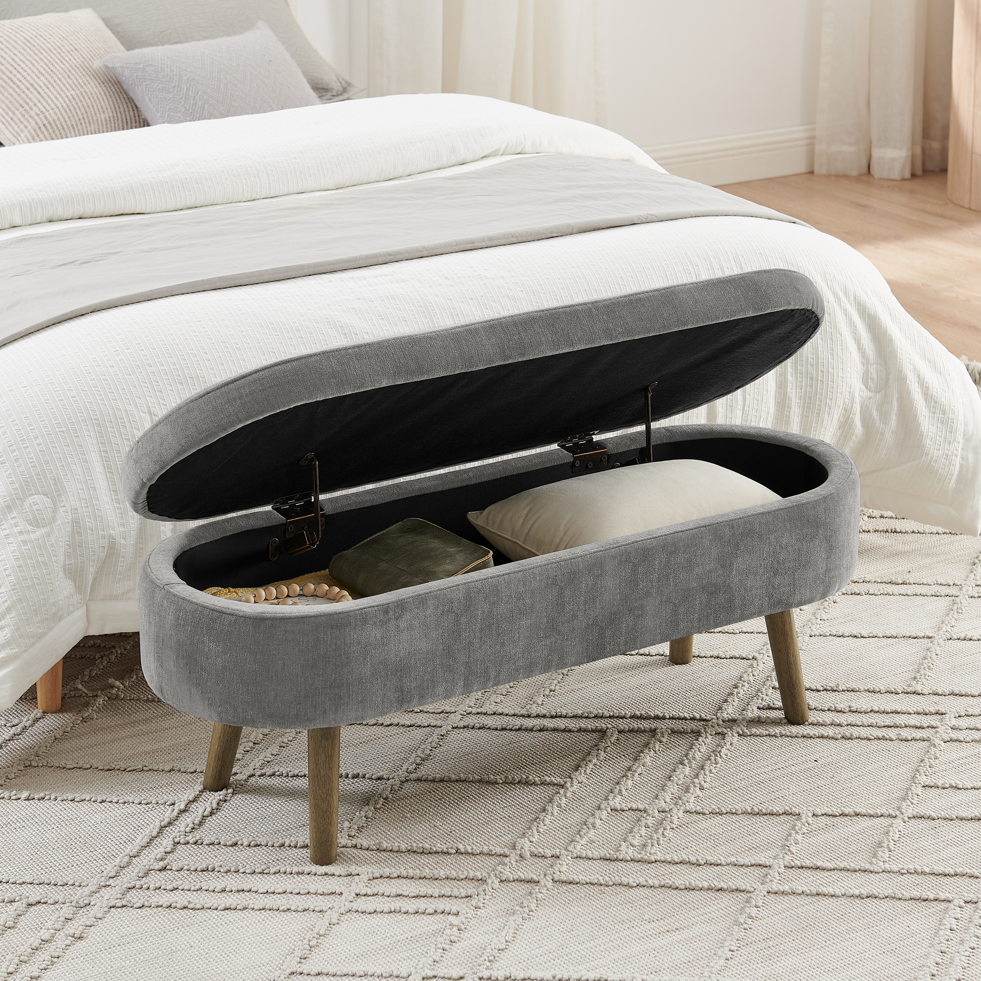 Banc de rangement en tissu chenille, cadre bois massif, pieds bois, pour salon et chambre, toucher soyeux, résistant anti-boulochage, respirant, construction stable, design élégant, usage quotidien durable - image 3