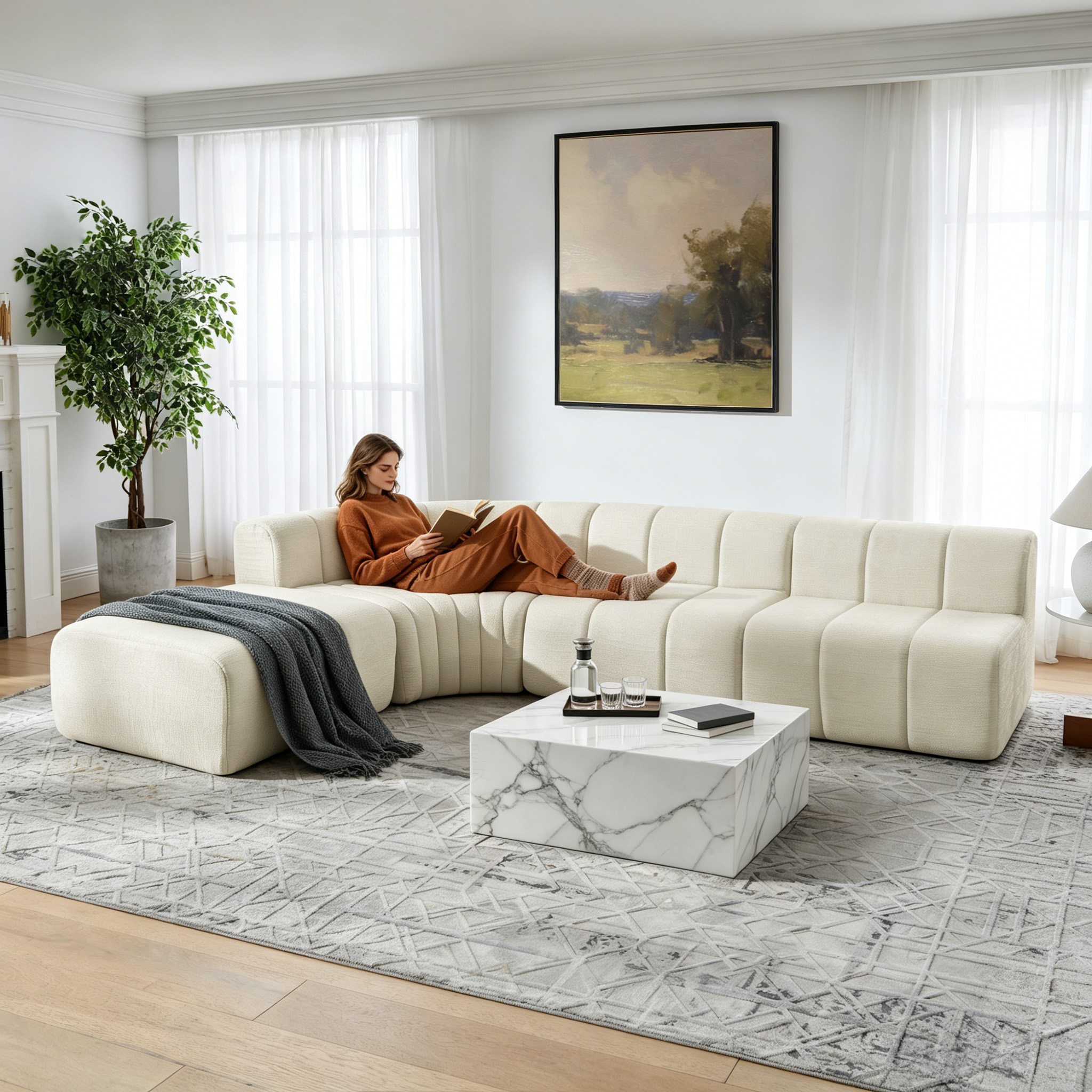 Canapé d’angle 4 places avec rangements, poufs en chenille beige - présentation 1