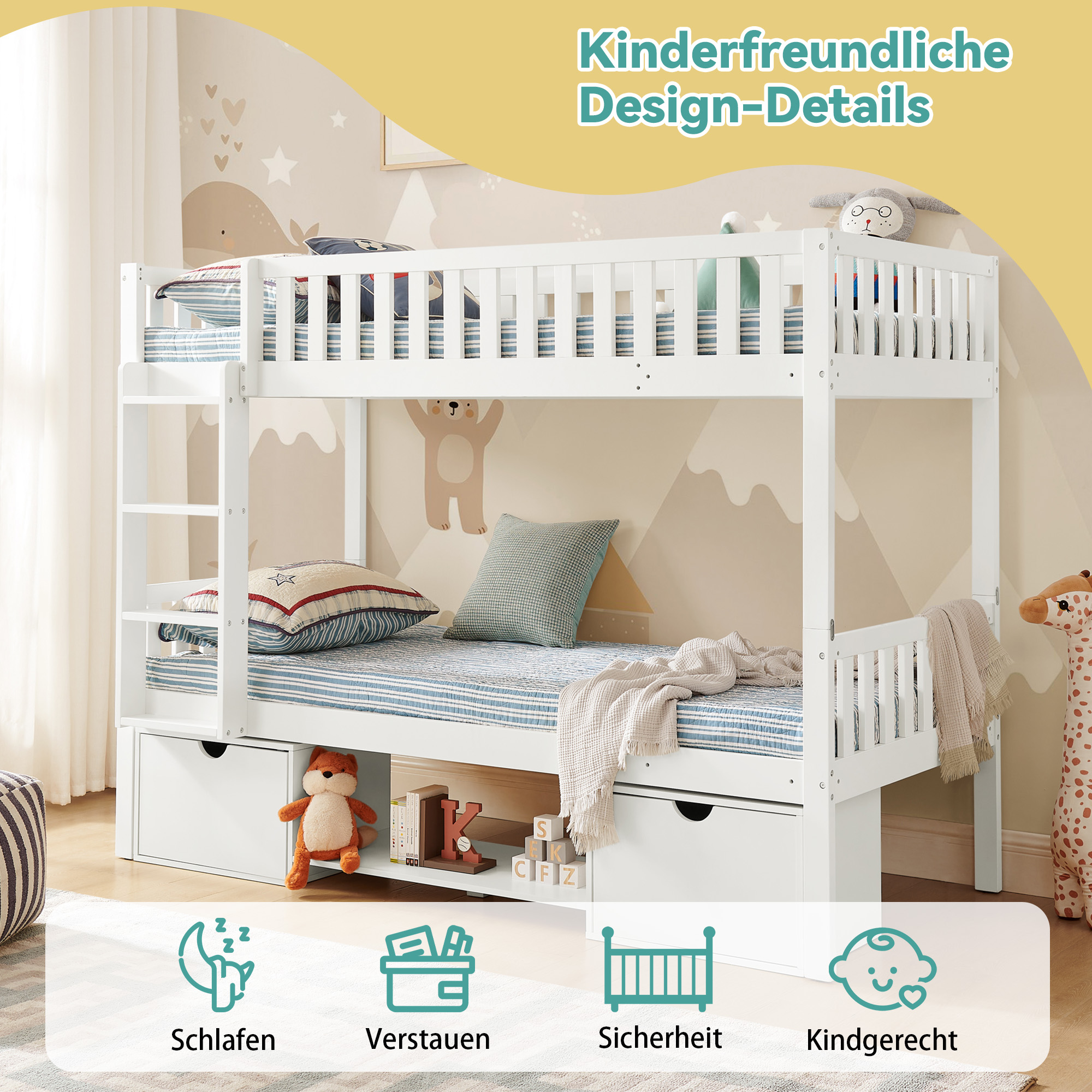 Massivkieferholz Kinder-Doppelbett, Größe 90×200 c