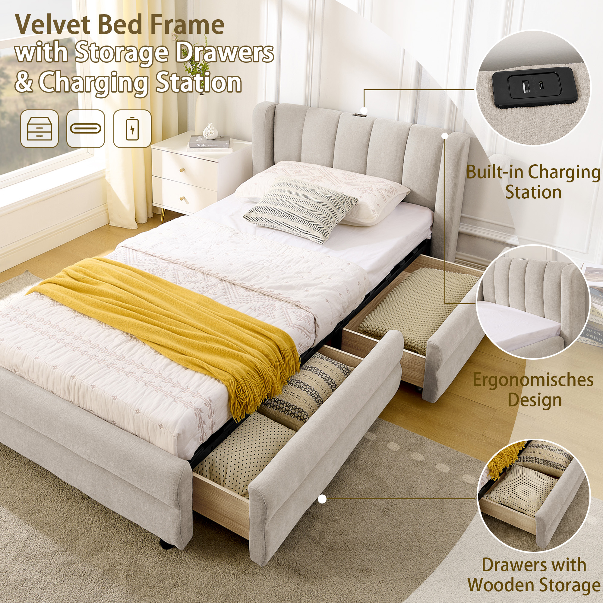 Lit design moderne beige chenille