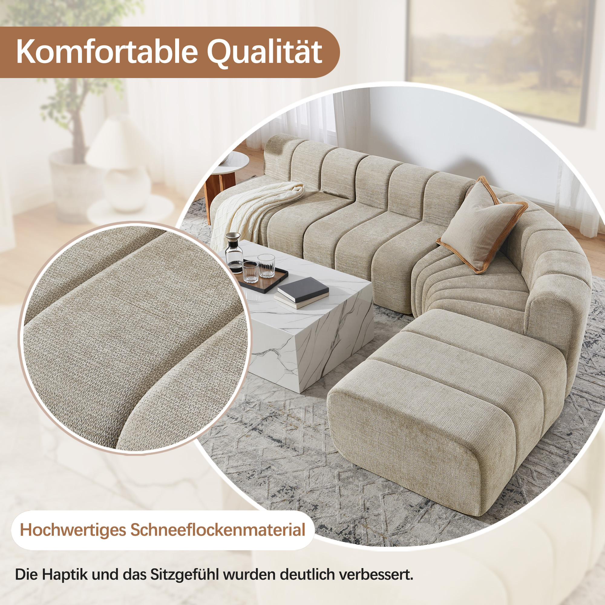 Canapé d’angle 4 places avec rangements, poufs en chenille marron - vue complémentaire 1