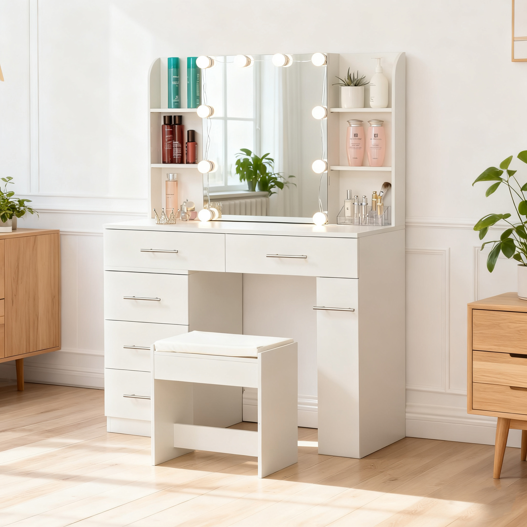 Coiffeuse avec miroir coulissant et rangement caché, 3 tiroirs, 2 étagères d'angle, miroir grand lumineux, pour chambre et dressing, organise maquillage, design fonctionnel, beaucoup de rangement, élégance - image 10