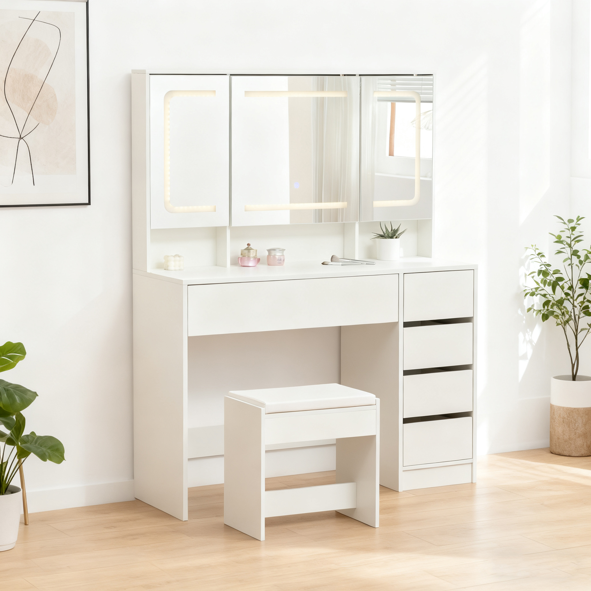 Coiffeuse avec miroir coulissant et rangement caché, 3 tiroirs, 2 étagères d'angle, miroir grand lumineux, pour chambre et dressing, organise maquillage, design fonctionnel, beaucoup de rangement, élégance - image 8