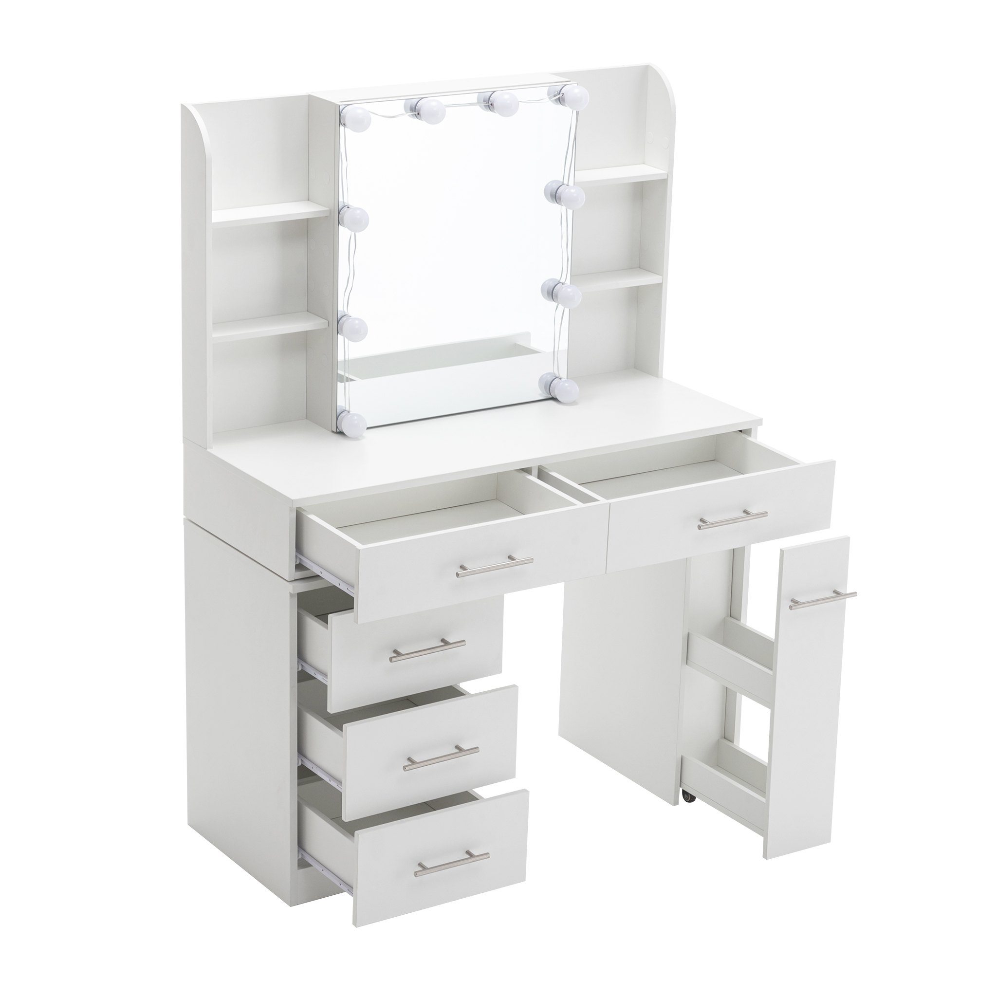 Coiffeuse avec miroir coulissant et rangement caché, 3 tiroirs, 2 étagères d'angle, miroir grand lumineux, pour chambre et dressing, organise maquillage, design fonctionnel, beaucoup de rangement, élégance - image 14