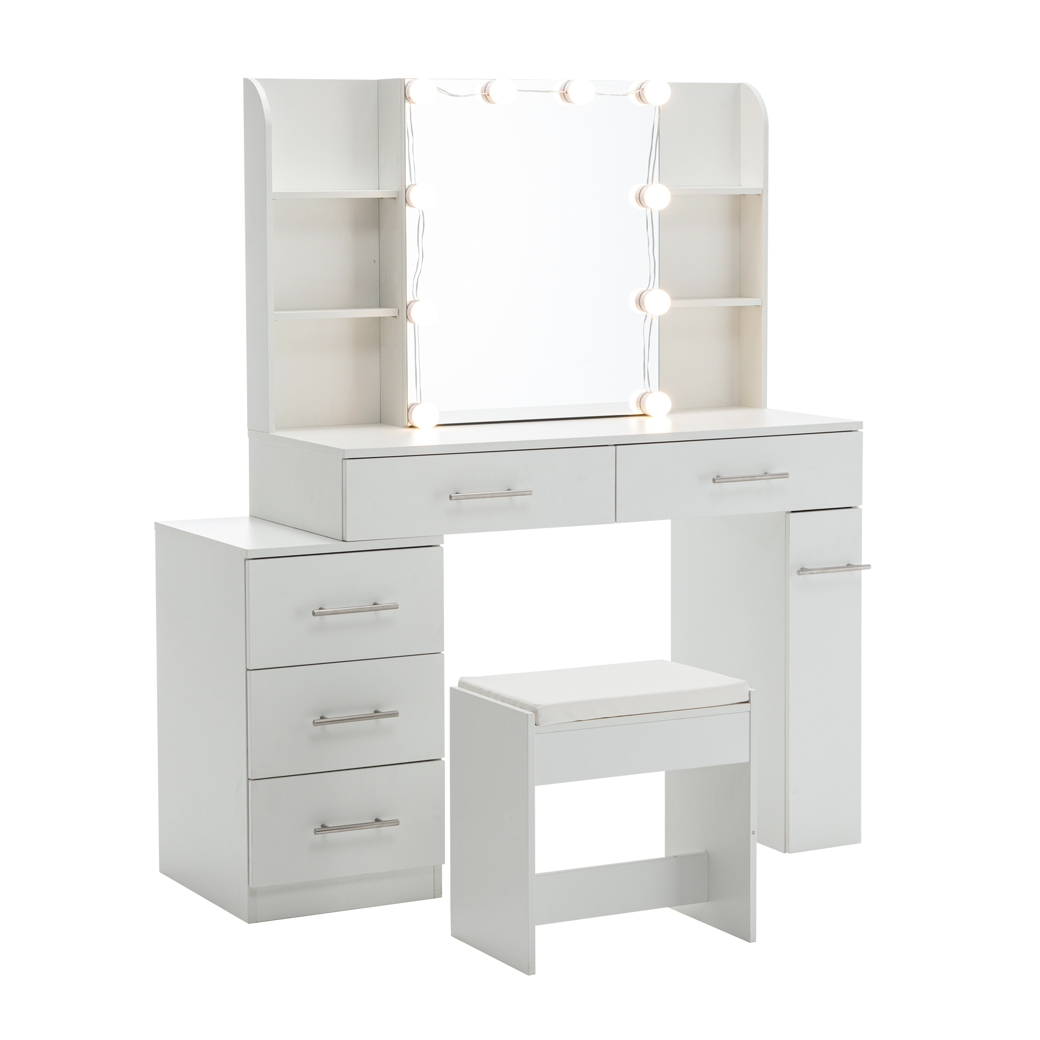 Coiffeuse avec miroir coulissant et rangement caché, 3 tiroirs, 2 étagères d'angle, miroir grand lumineux, pour chambre et dressing, organise maquillage, design fonctionnel, beaucoup de rangement, élégance - image 17