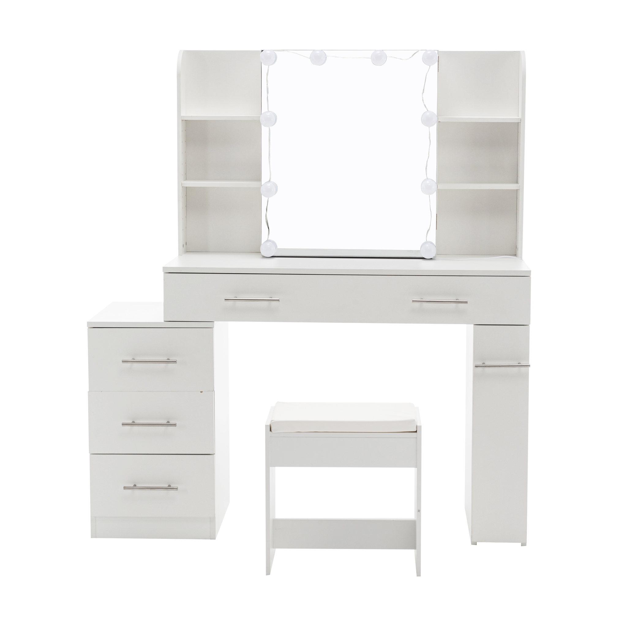 Coiffeuse avec miroir coulissant et rangement caché, 3 tiroirs, 2 étagères d'angle, miroir grand lumineux, pour chambre et dressing, organise maquillage, design fonctionnel, beaucoup de rangement, élégance - image 16