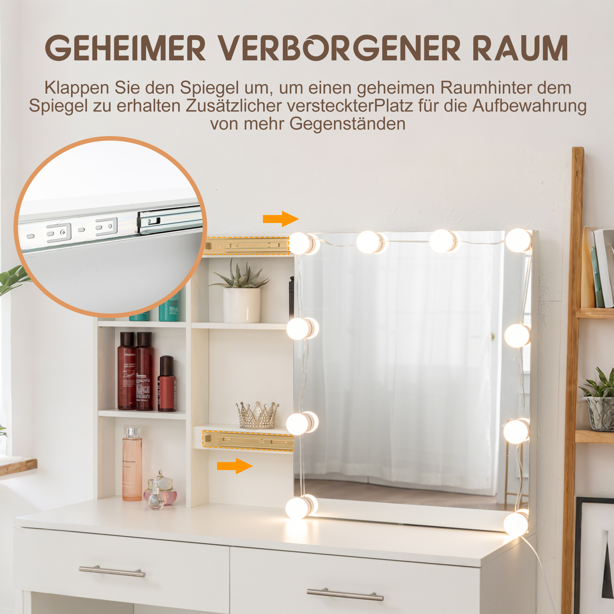 Coiffeuse avec miroir coulissant et rangement caché, 3 tiroirs, 2 étagères d'angle, miroir grand lumineux, pour chambre et dressing, organise maquillage, design fonctionnel, beaucoup de rangement, élégance - image 4