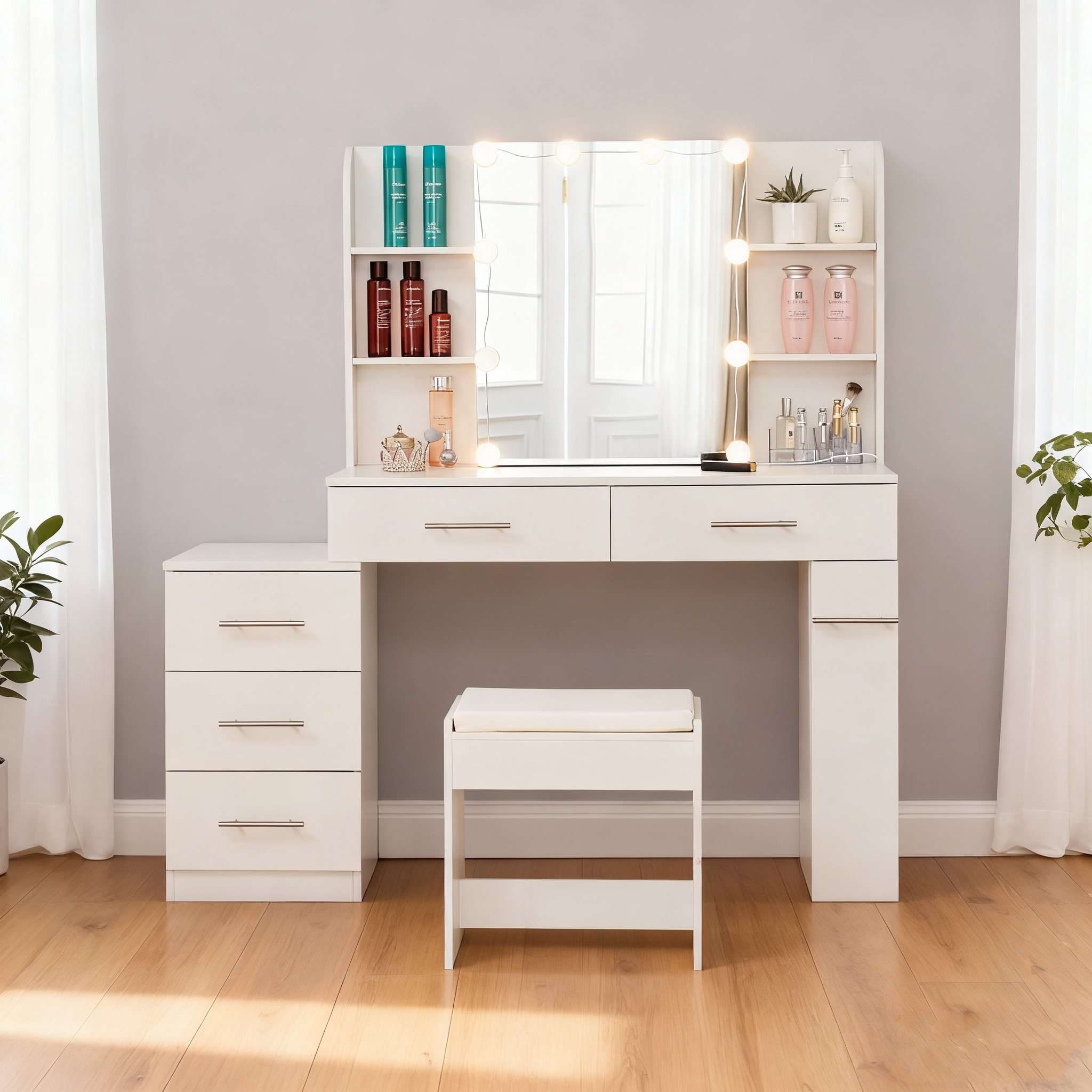 Coiffeuse avec miroir coulissant et rangement caché, 3 tiroirs, 2 étagères d'angle, miroir grand lumineux, pour chambre et dressing, organise maquillage, design fonctionnel, beaucoup de rangement, élégance - image 9