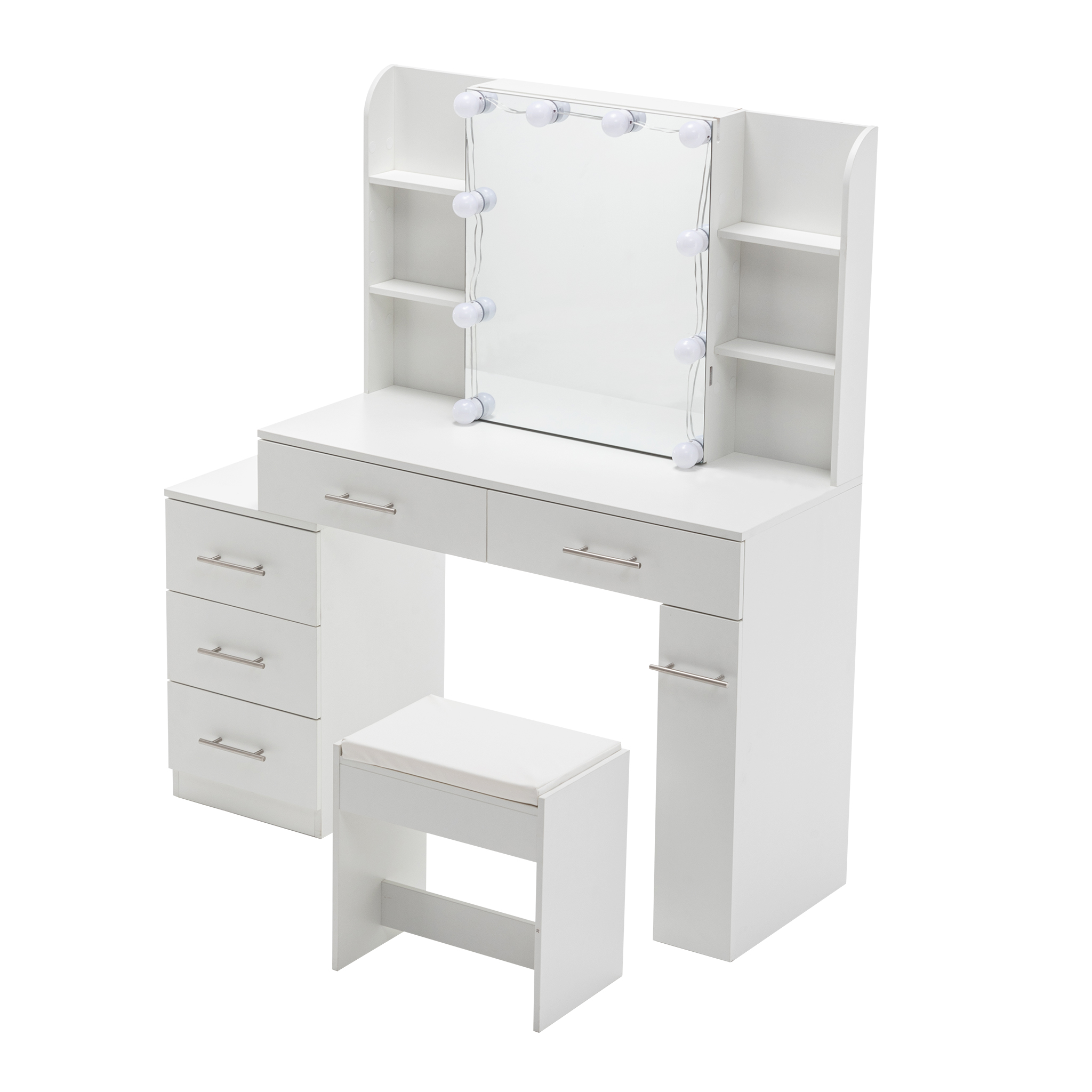 Coiffeuse avec miroir coulissant et rangement caché, 3 tiroirs, 2 étagères d'angle, miroir grand lumineux, pour chambre et dressing, organise maquillage, design fonctionnel, beaucoup de rangement, élégance - image 15