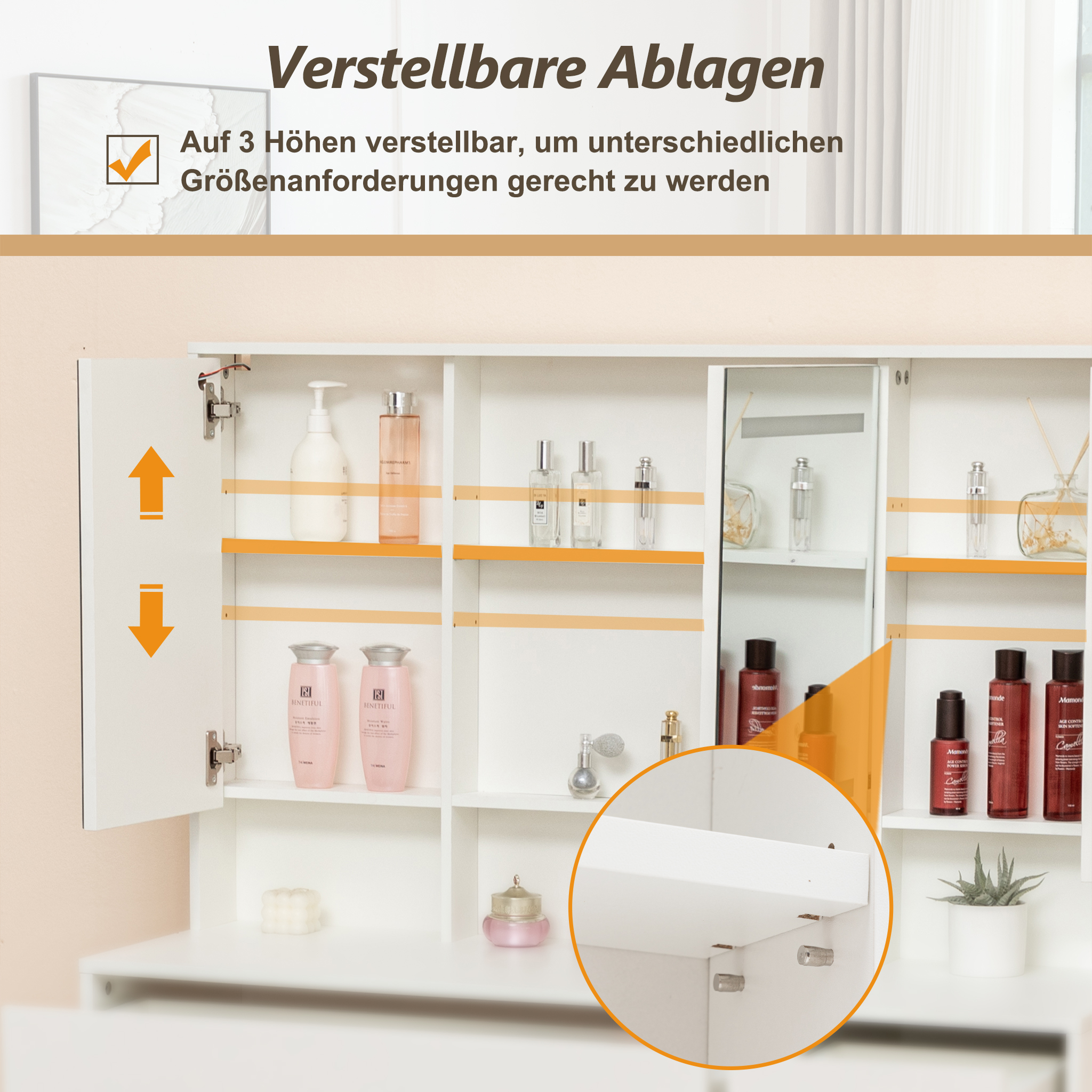 Coiffeuse avec miroir coulissant et rangement caché, 3 tiroirs, 2 étagères d'angle, miroir grand lumineux, pour chambre et dressing, organise maquillage, design fonctionnel, beaucoup de rangement, élégance - image 7