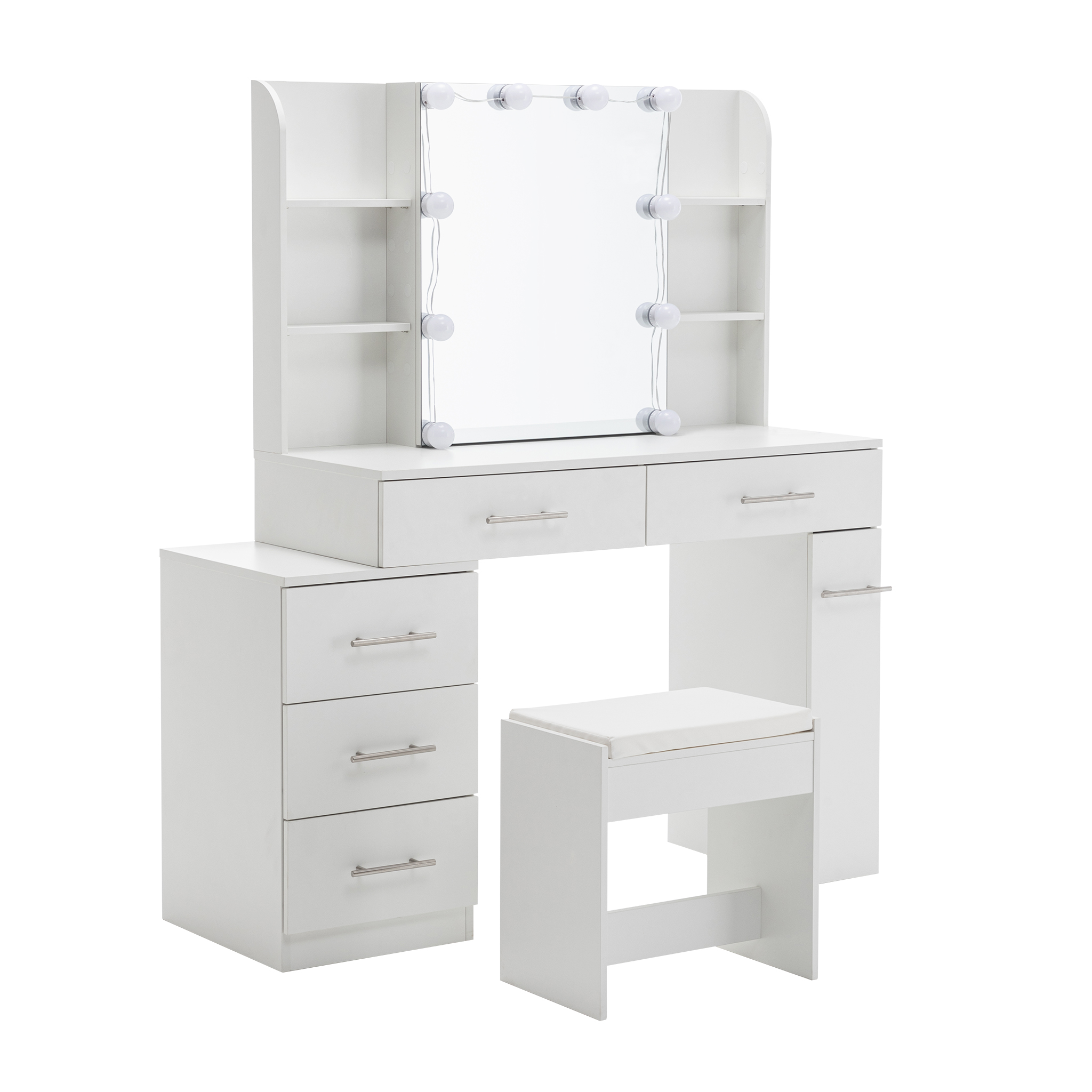 Coiffeuse avec miroir coulissant et rangement caché, 3 tiroirs, 2 étagères d'angle, miroir grand lumineux, pour chambre et dressing, organise maquillage, design fonctionnel, beaucoup de rangement, élégance - image 12