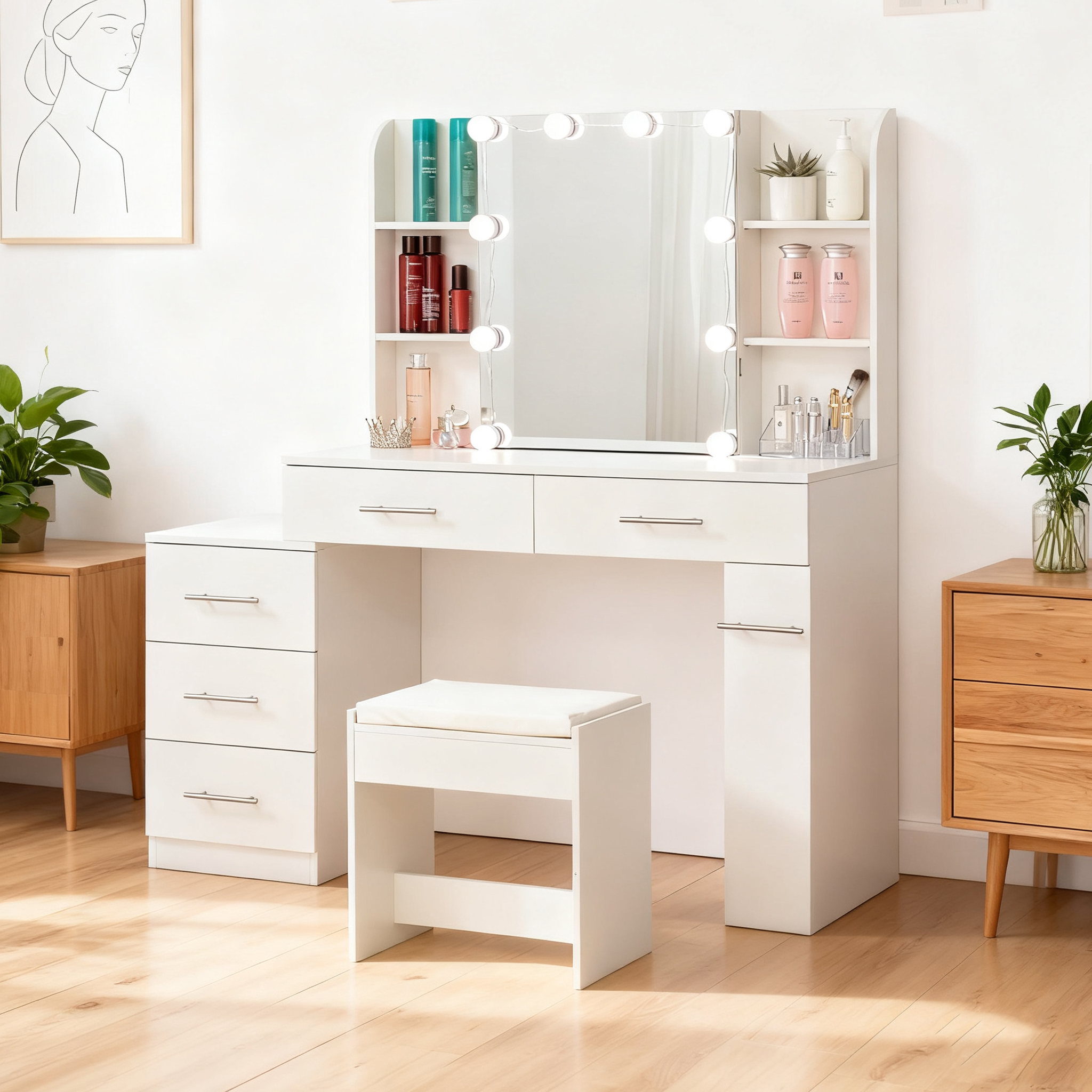 Coiffeuse avec miroir coulissant et rangement caché, 3 tiroirs, 2 étagères d'angle, miroir grand lumineux, pour chambre et dressing, organise maquillage, design fonctionnel, beaucoup de rangement, élégance - image 13