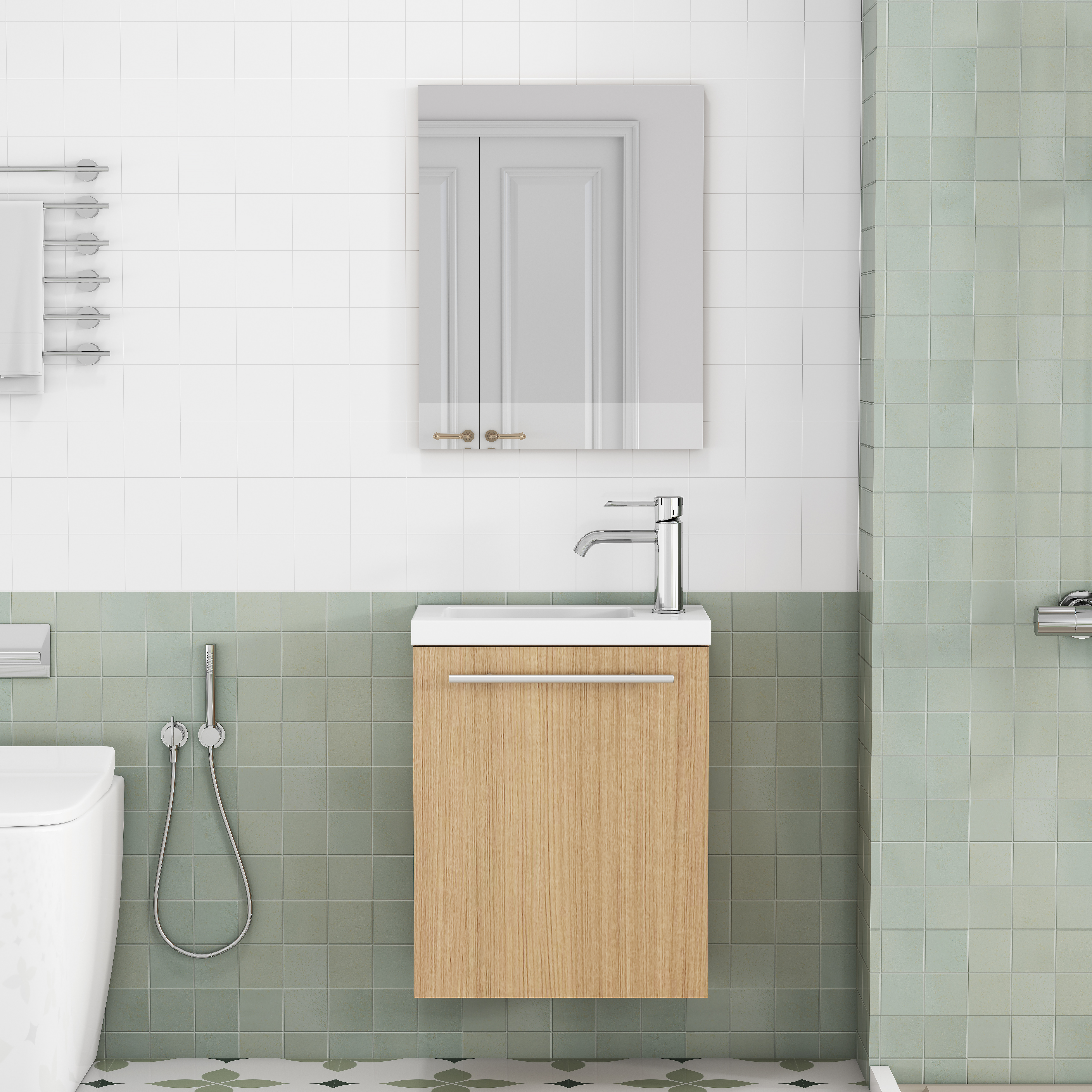 Meuble vasque de salle de bains, sans montage, 40 x 25 x 48 cm, céramique et métal, chêne - vue 7