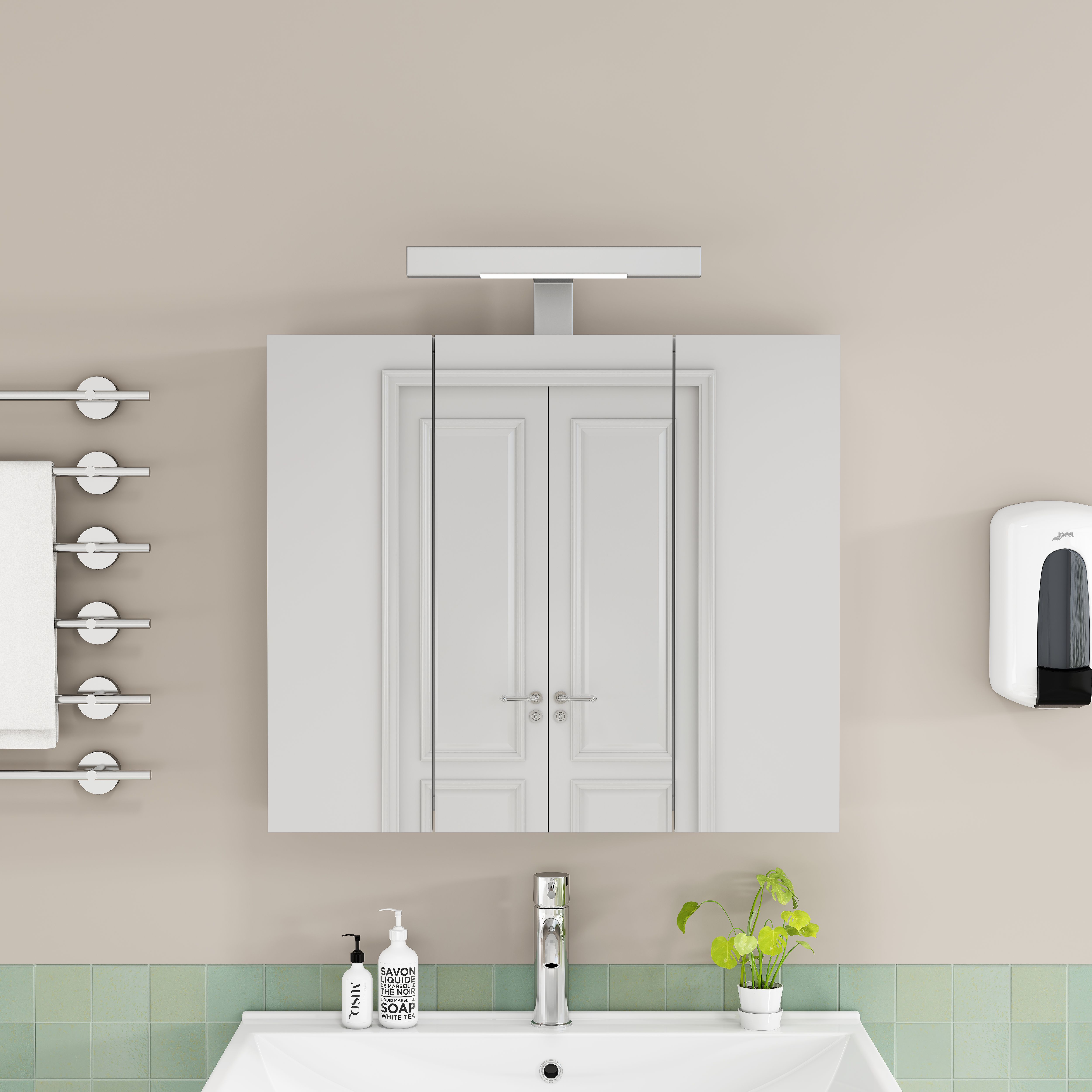 Armoire de toilette avec miroir, hauteur réglable, éclairage led, prises et recharge intégrées, 60 x 16 x 70 cm, verre et MDF, blanc - vue 6