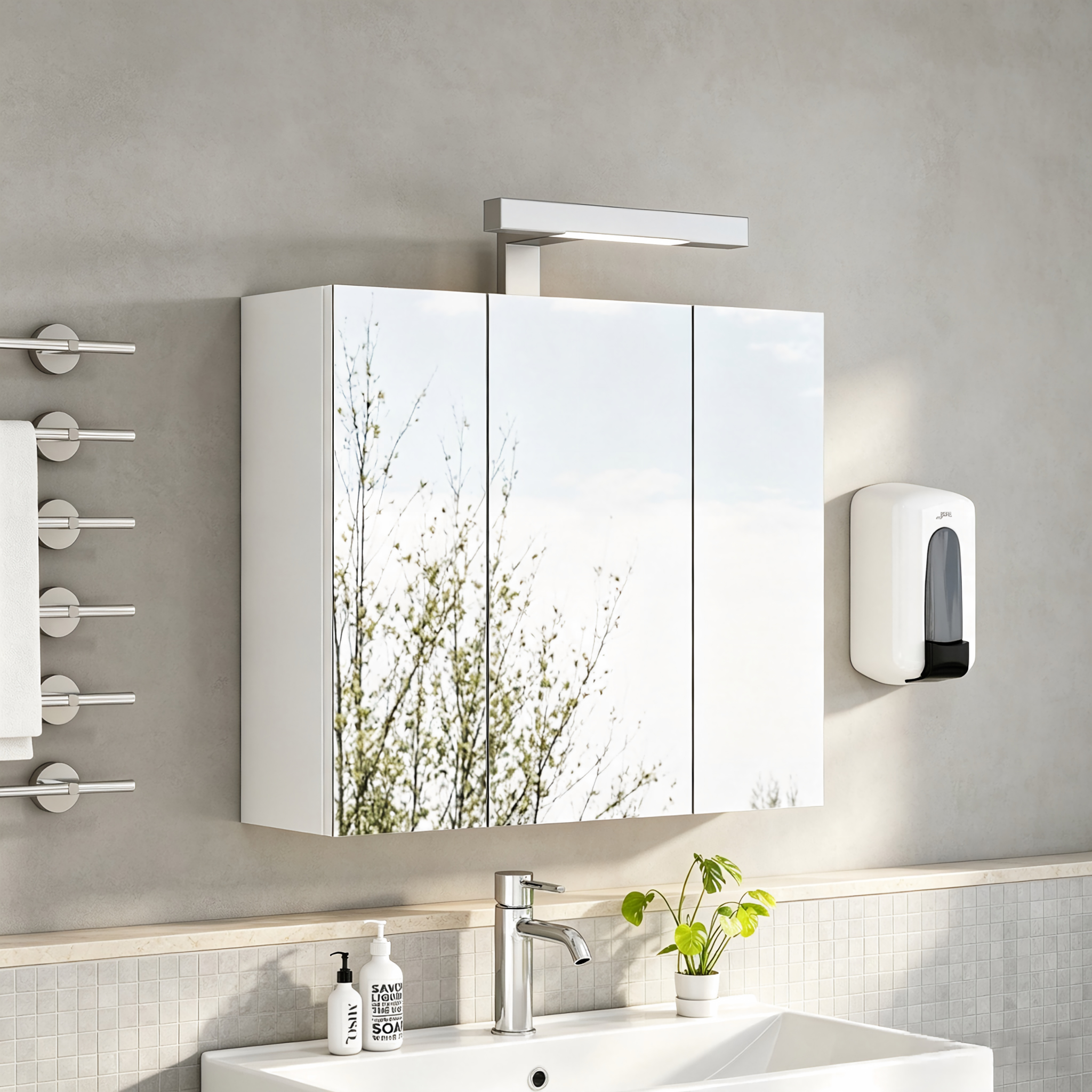 Armoire de toilette avec miroir, hauteur réglable, éclairage led, prises et recharge intégrées, 60 x 16 x 70 cm, verre et MDF, blanc - vue 1
