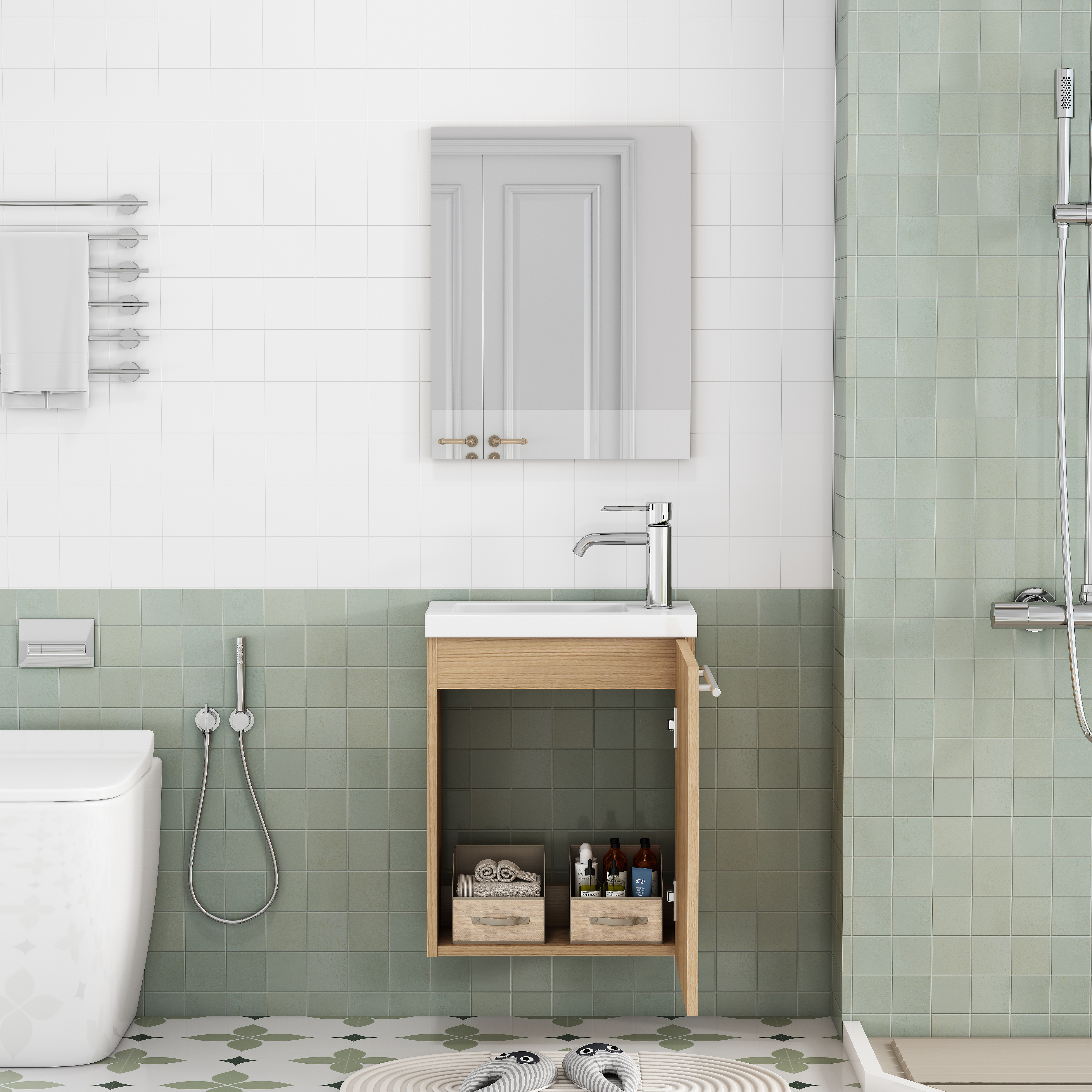 Meuble vasque de salle de bains, sans montage, 40 x 25 x 48 cm, céramique et métal, chêne - vue 9