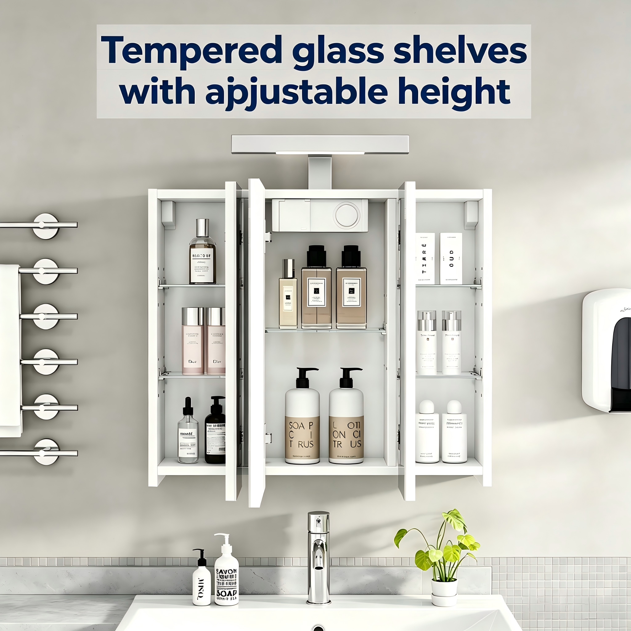 Armoire de toilette avec miroir, hauteur réglable, éclairage led, prises et recharge intégrées, 60 x 16 x 70 cm, verre et MDF, blanc - vue 8