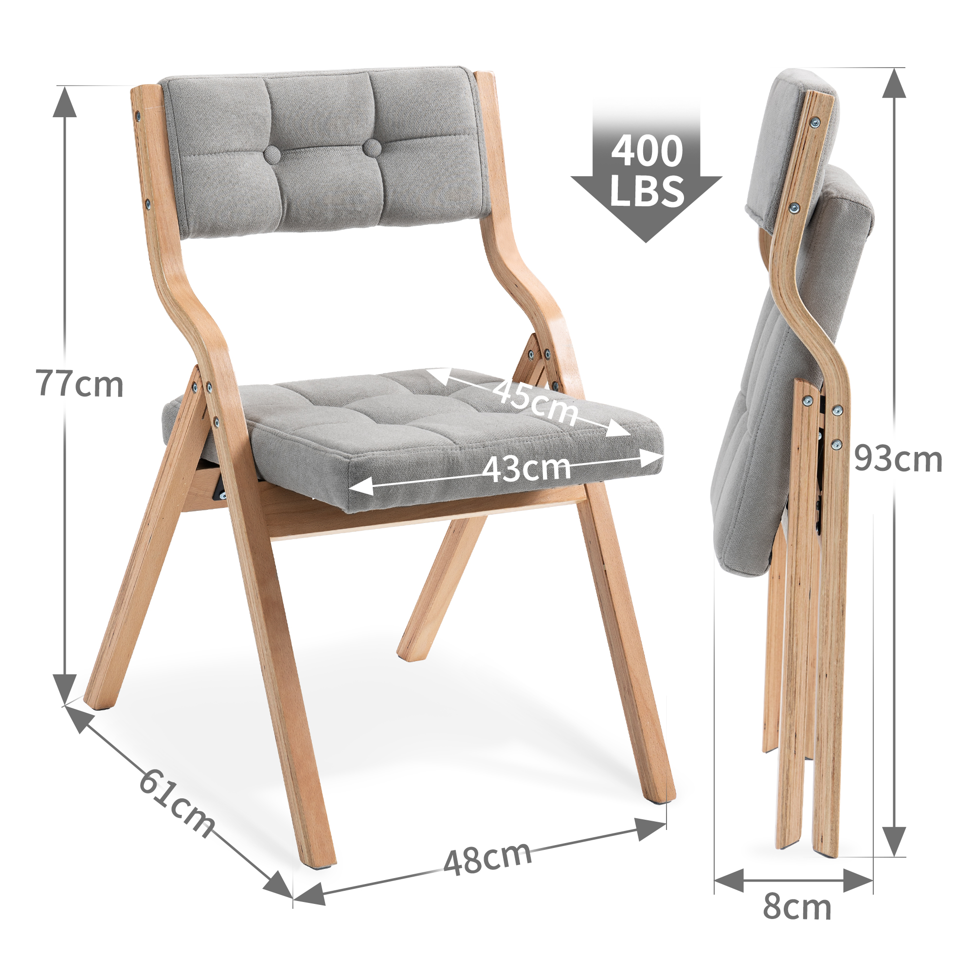 Chaise de salle à manger, lot de 2, assise rembourrée, pliable, 61 x 48 x 77 cm, bois, gris - vue 5