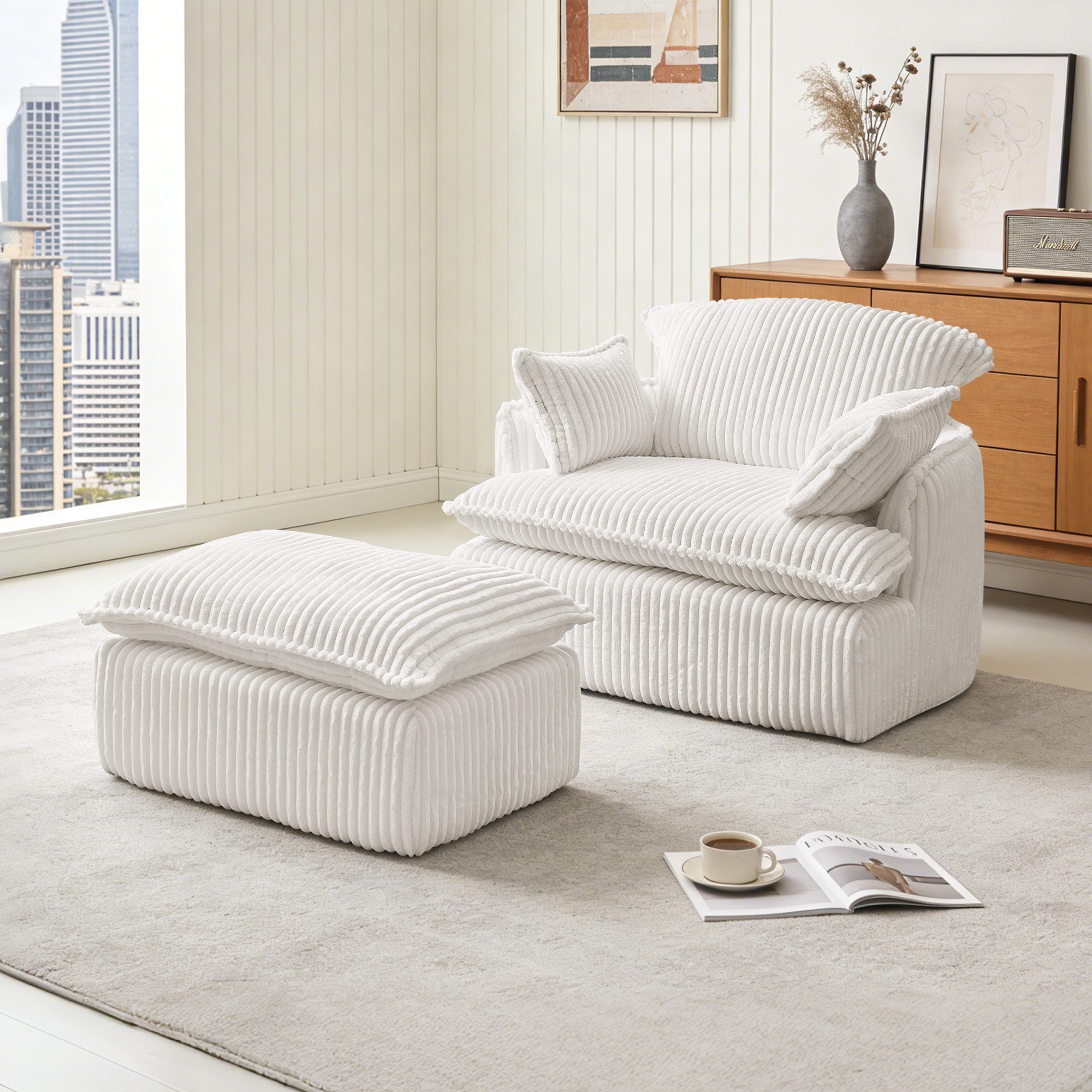Fauteuil compact en velours côtelé avec repose-pieds, livré compressé, sans montage, tissu durable anti-boulochage, pour salon et chambre, confort quotidien, gain de place, usage immédiat, design chaleureux - image 4