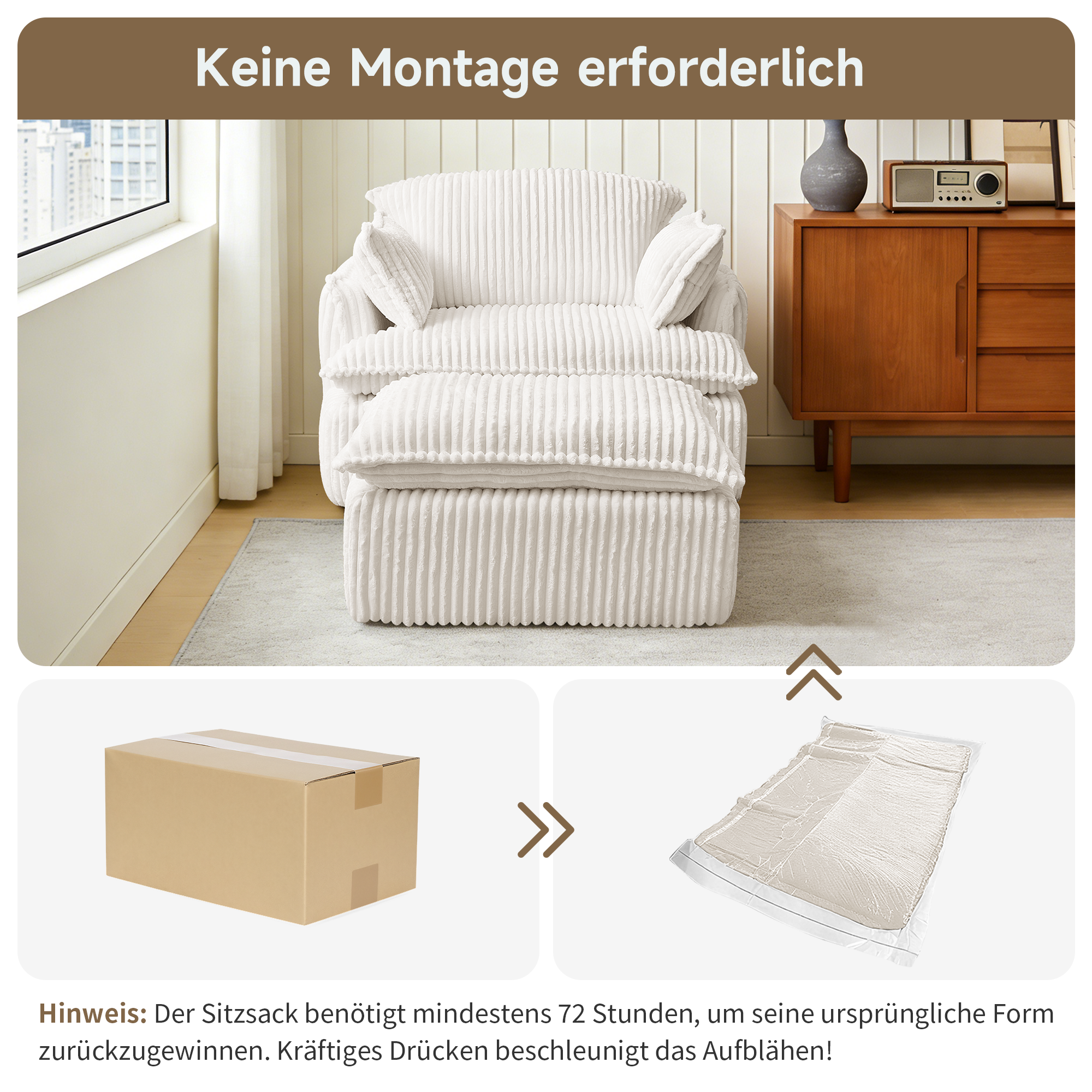 Fauteuil compact en velours côtelé avec repose-pieds, livré compressé, sans montage, tissu durable anti-boulochage, pour salon et chambre, confort quotidien, gain de place, usage immédiat, design chaleureux - image 2
