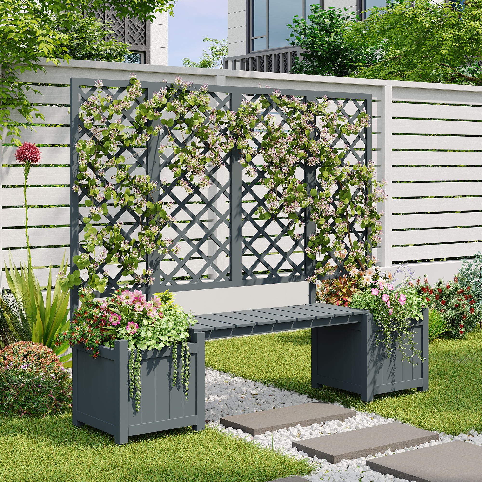 Blumentopf, Blumentopf mit Spalier als Rankhilfe, 