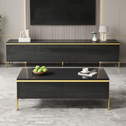 Ensemble meuble TV et table basse noir avec détails dorés