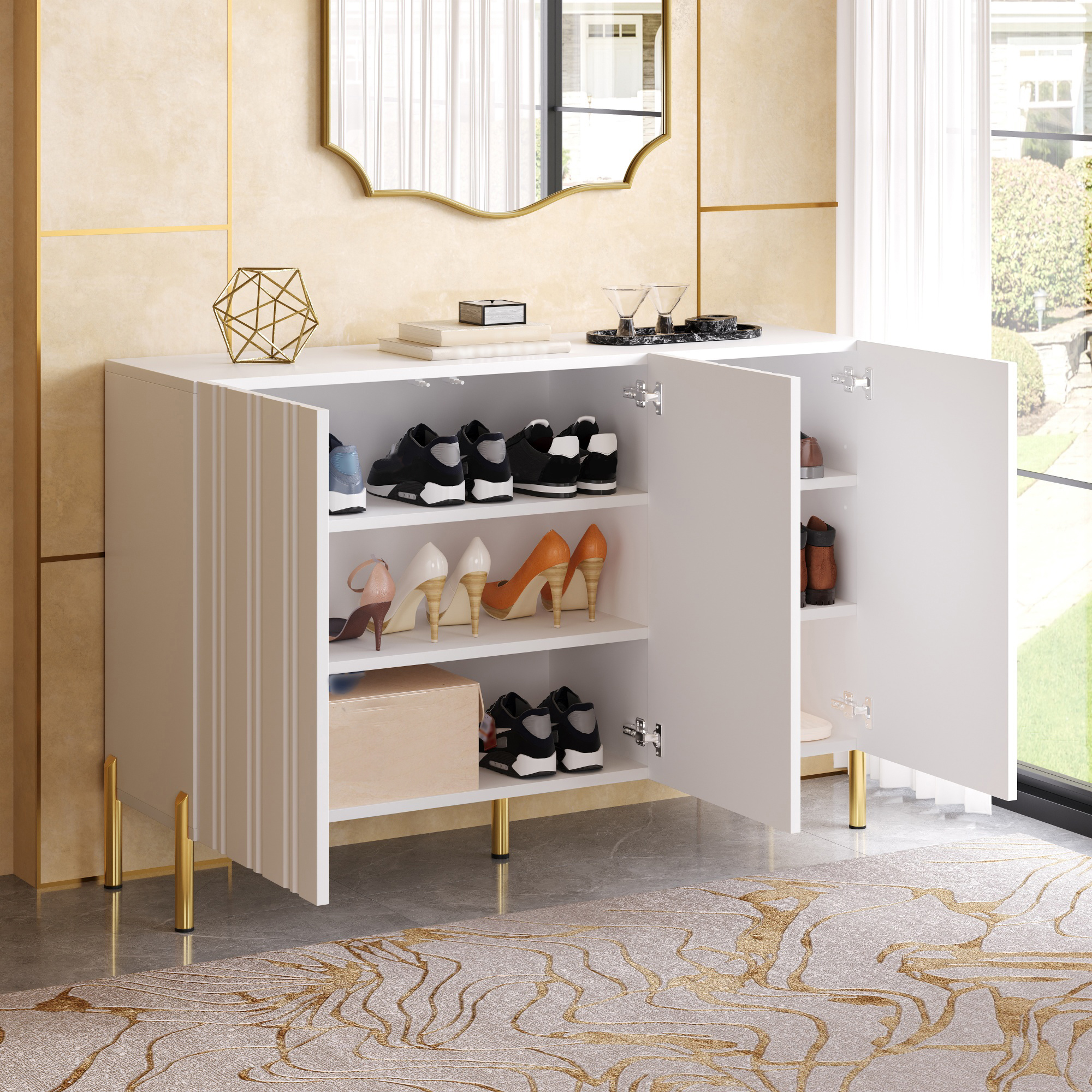 Meuble à chaussures 120 cm, meuble de rangement d’entrée avec 3 portes, étagères réglables, façades rainurées, panneaux de particules et MDF, Blanc