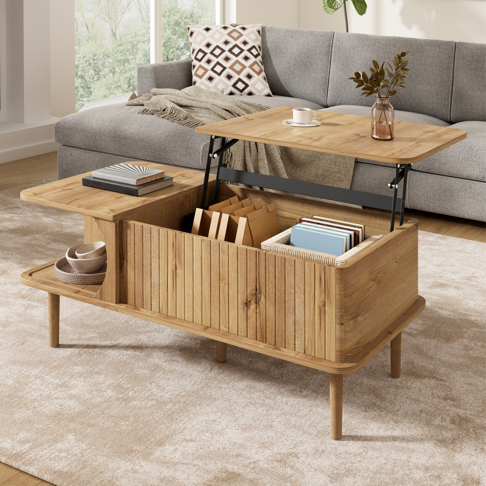 Table basse ronde, table de salon 100 x 48 x 55,5 cm avec plateau relevable, façades rainurées, MDF, Effet bois naturel
