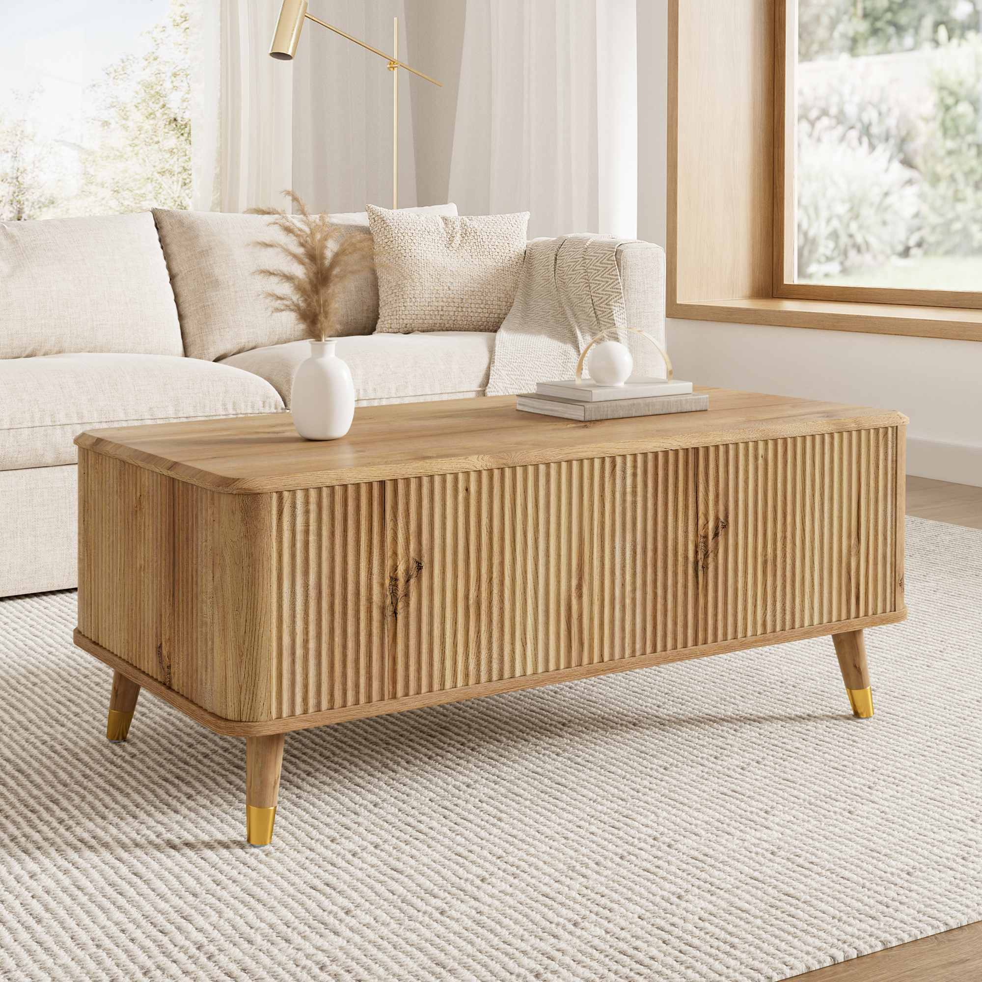 Table basse, hauteur réglable, rangement intégré, 97 x 52 x 56,5 cm, bois et MDF, bois naturel - vue 7