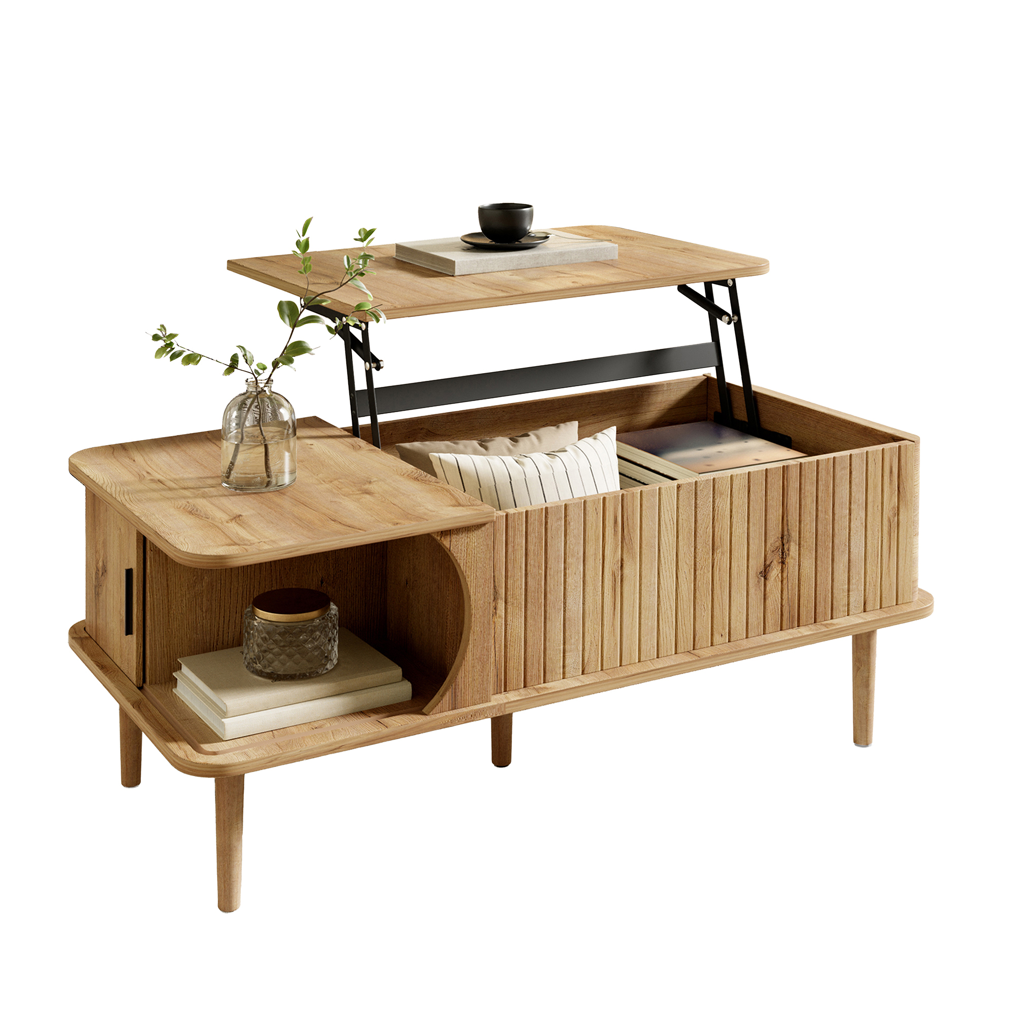Table basse ronde, table de salon 100 x 48 x 55,5 cm avec plateau relevable, façades rainurées, MDF, Effet bois naturel