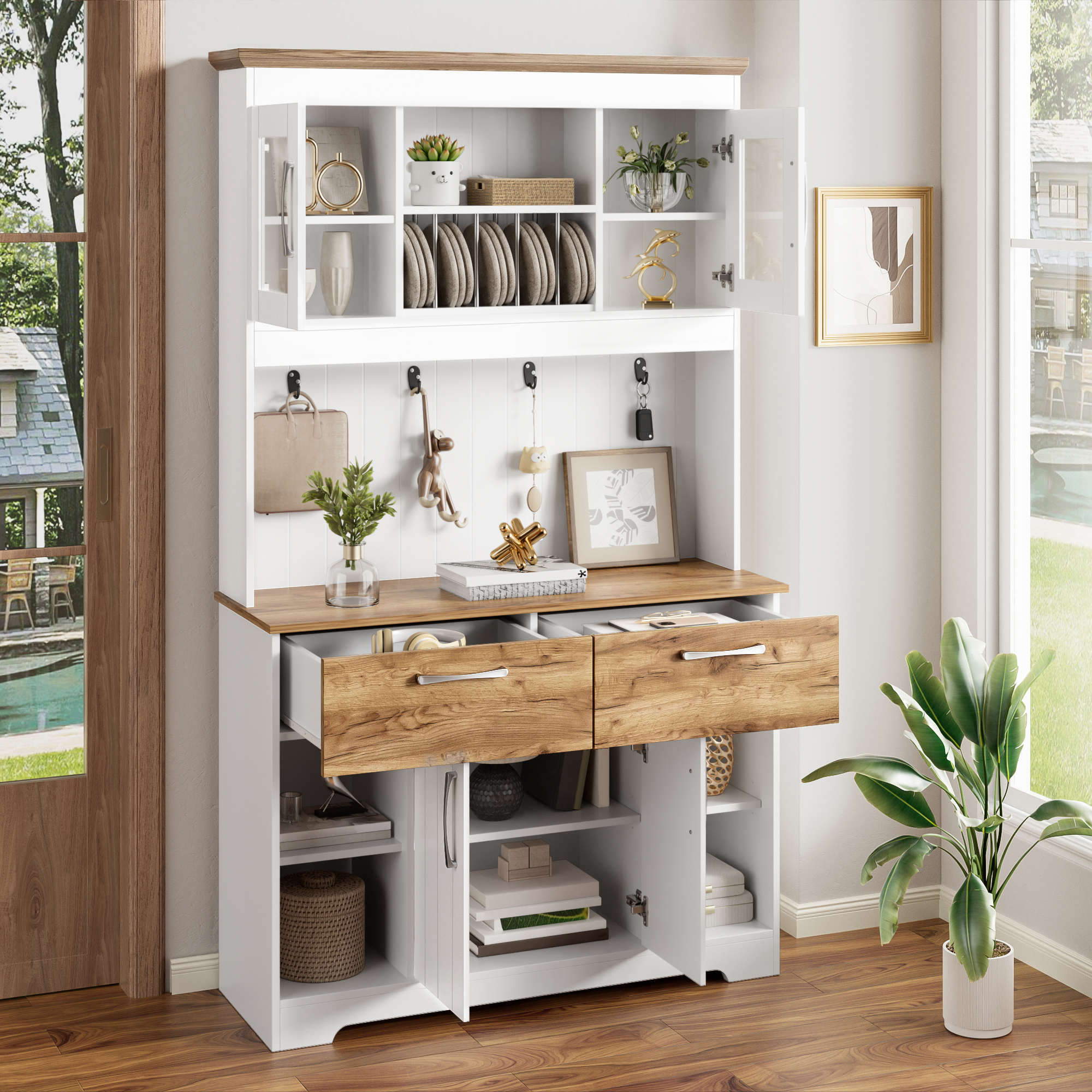 Buffet, rangement intégré, avec tiroirs, 106 x 39 x 176,5 cm, panneaux de particules, bois naturel - vue 5