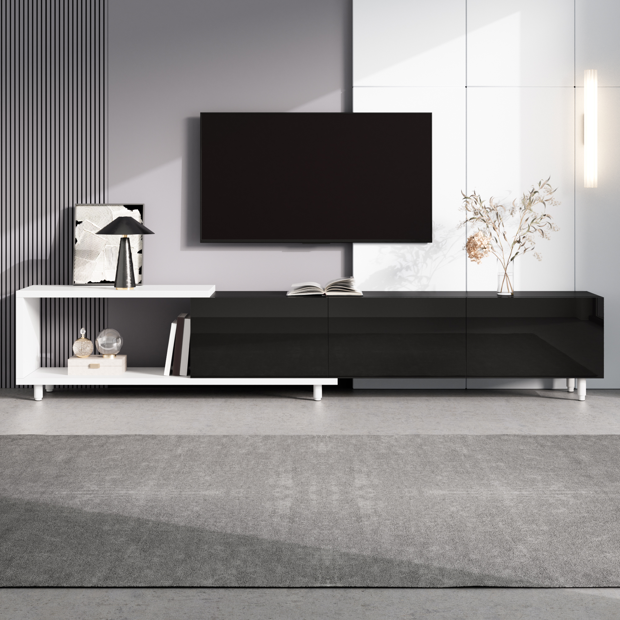 Meuble TV, extensible, rangement intégré, 258 x 38 x 48,5 cm, panneaux de particules et métal, blanc - vue 4