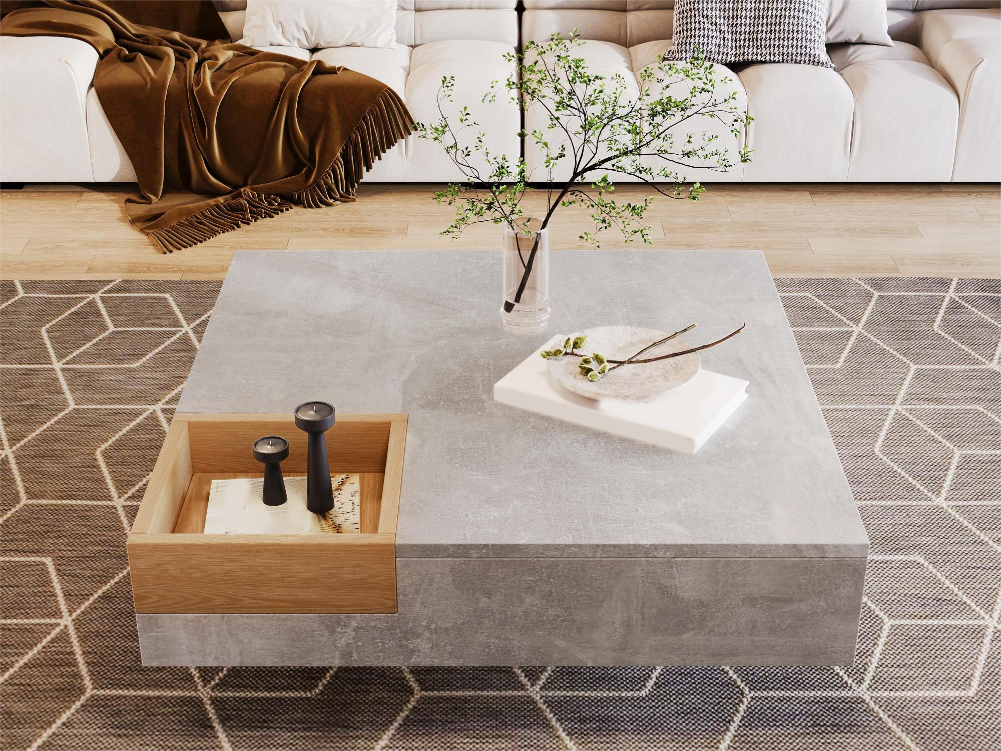 design intemporel mélange béton et bois pour salon