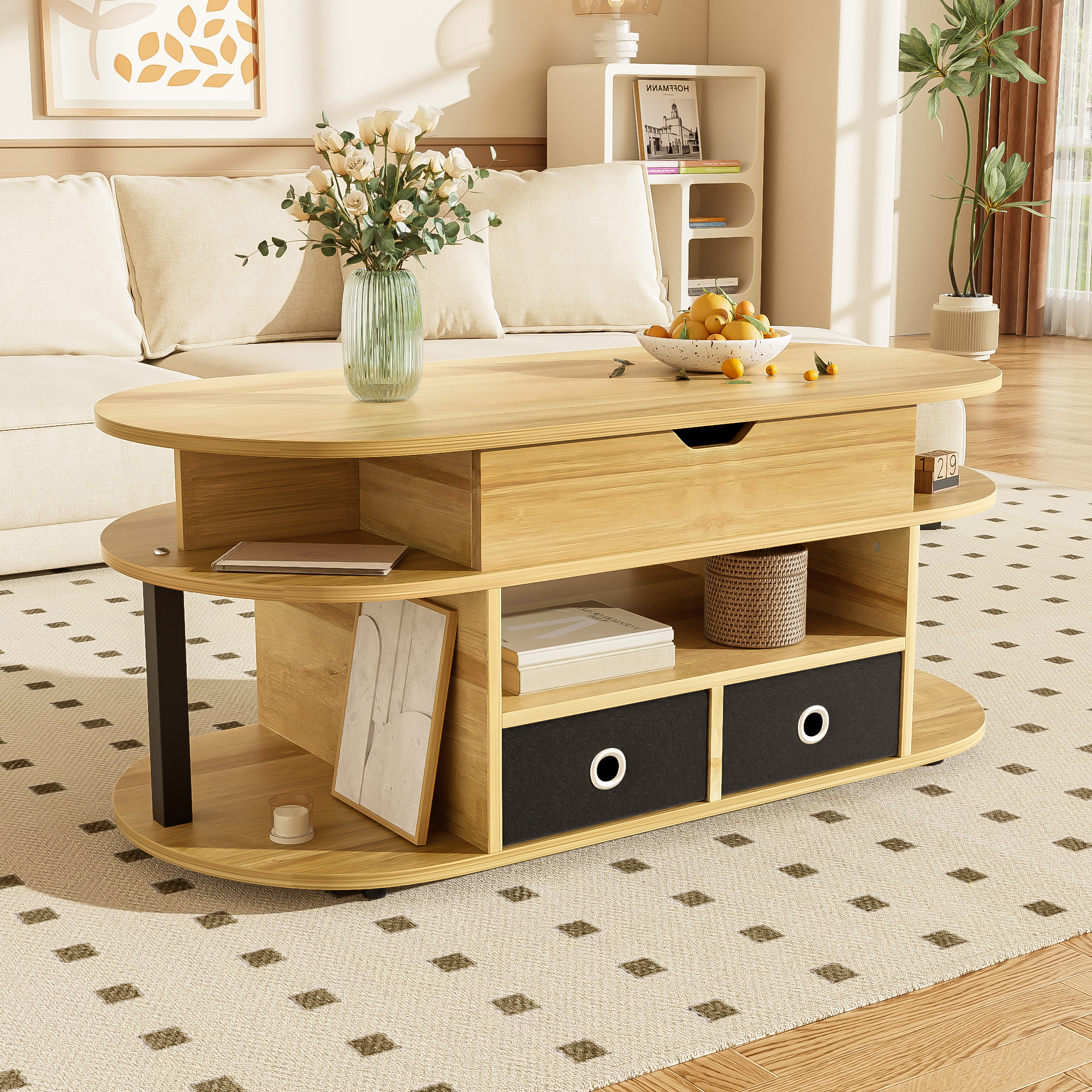 rangement pratique : deux tiroirs en tissu noir et espace sous le plateau relevable