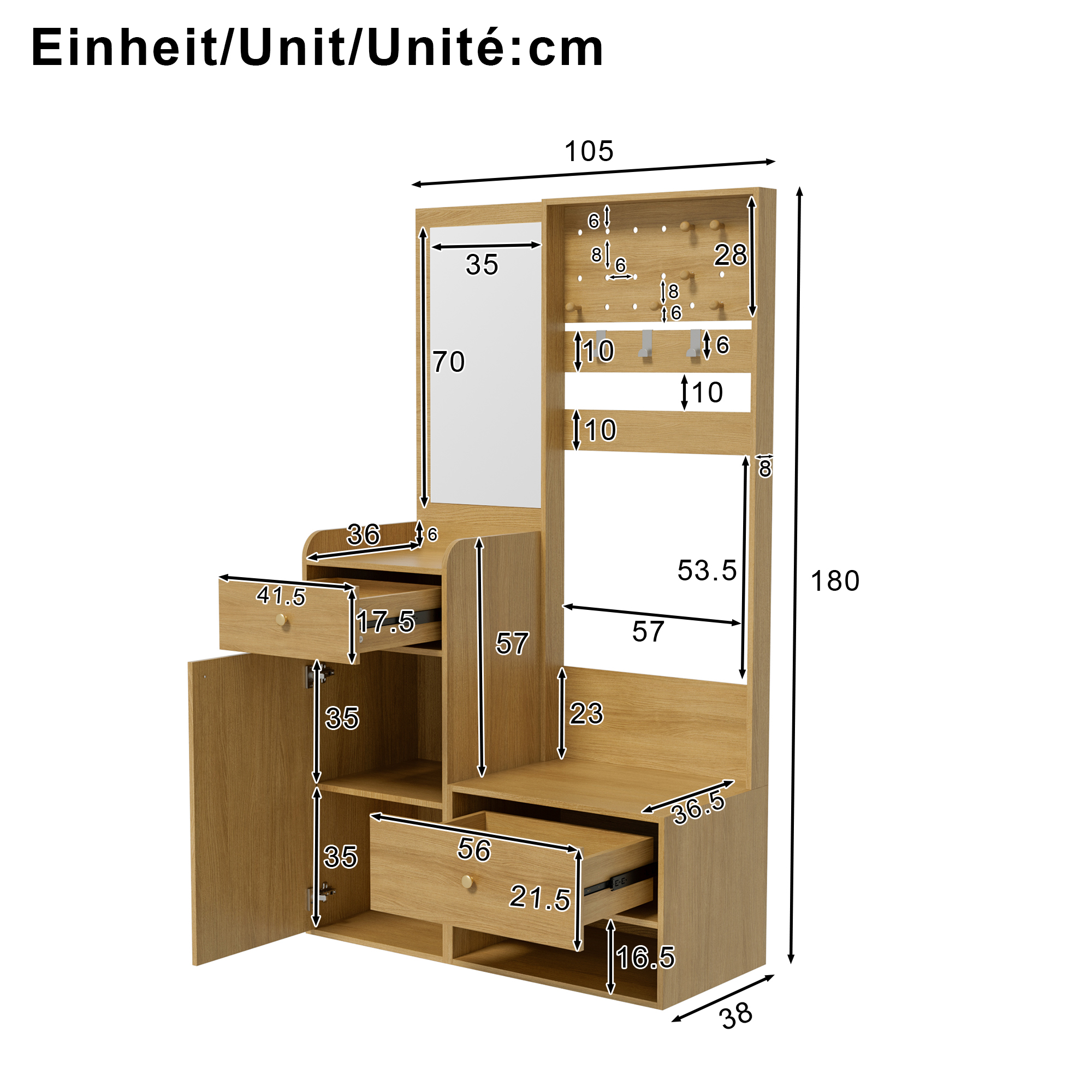 Vestiaire d’entrée, 105 x 38 x 180 cm, panneaux de particules et bois, bois naturel - vue 2