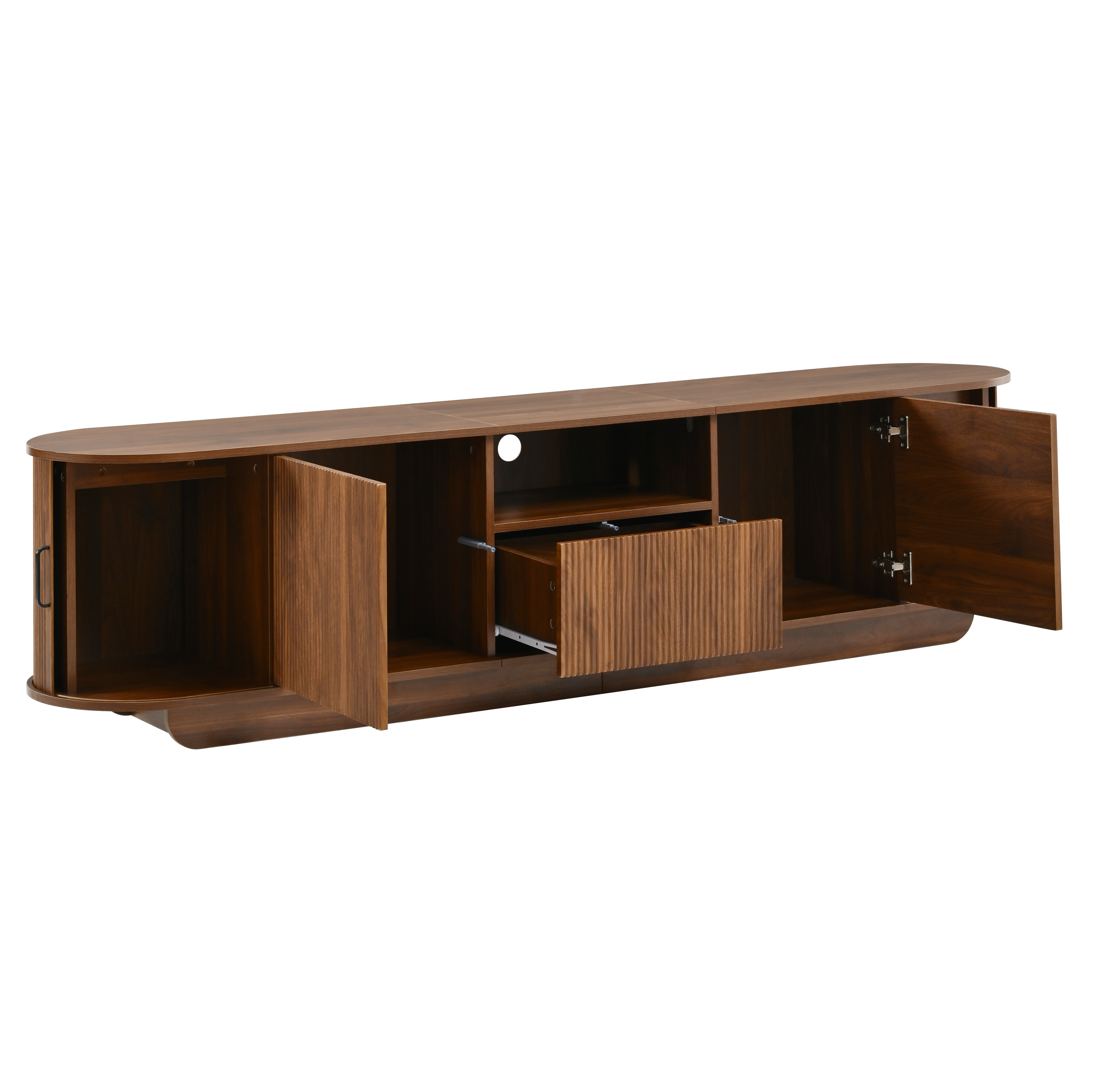 Meuble TV 200 cm, meuble bas de salon avec 4 portes, 1 tiroir, passe-câbles, façade ondulée 3D, panneaux de particules et MDF, Effet noyer
