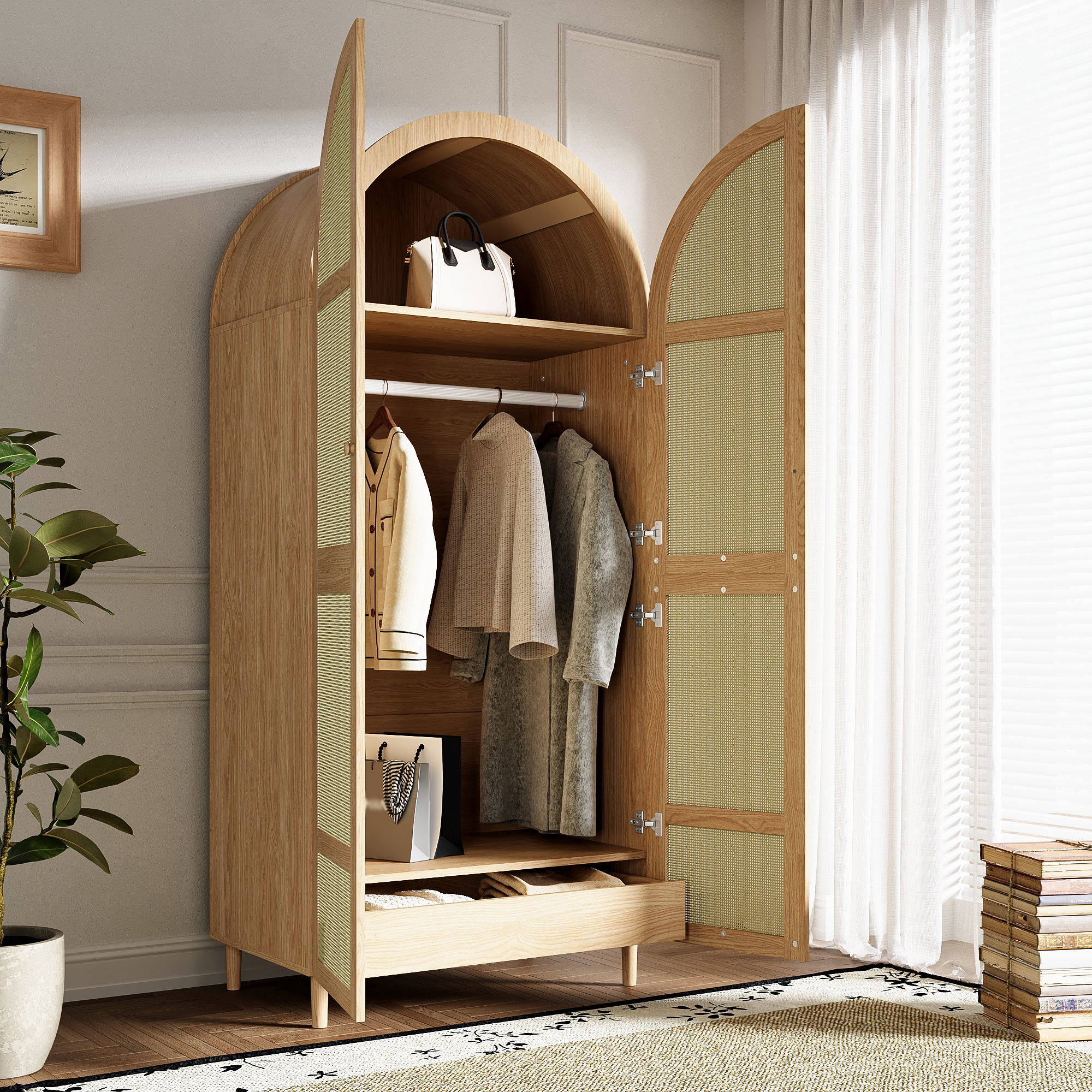 Armoire-penderie, rangement intégré, avec tiroirs, 80 x 50 x 179 cm, panneaux de particules et MDF, bois naturel - vue 5