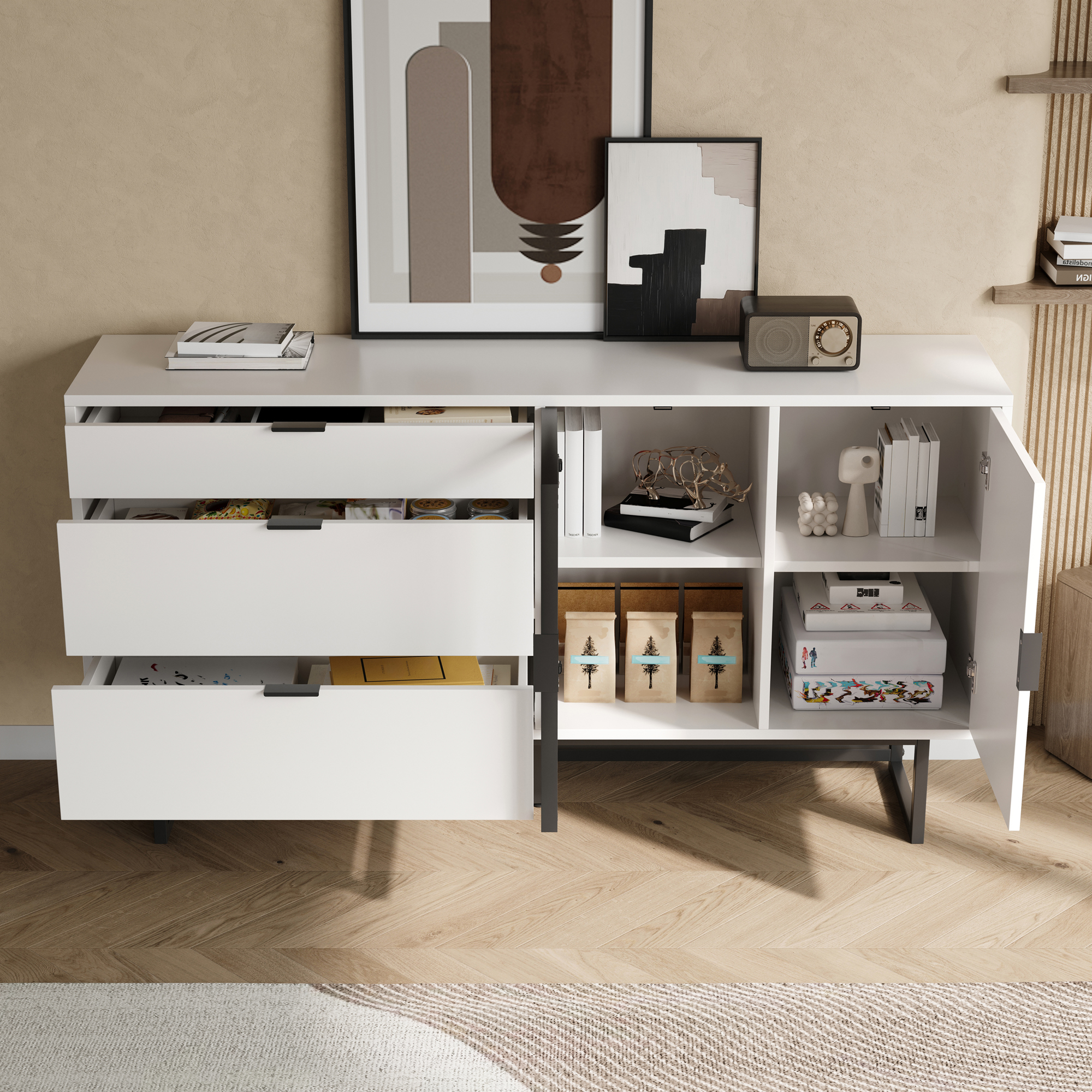 Buffet vitrine 160x36x78 cm blanc Panneau composite de fibres de bois à densité LED