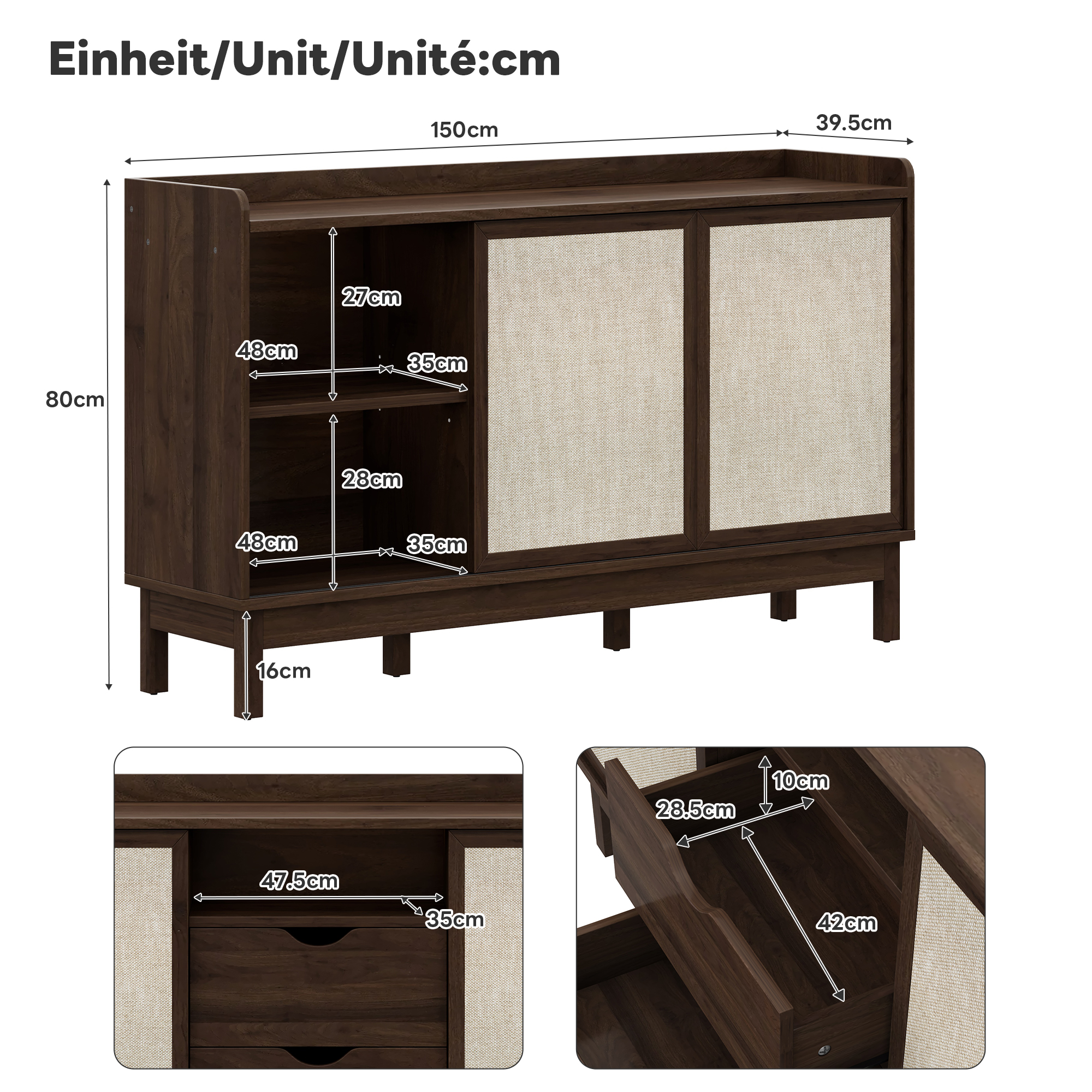 Buffet avec portes coulissantes et tiroirs
