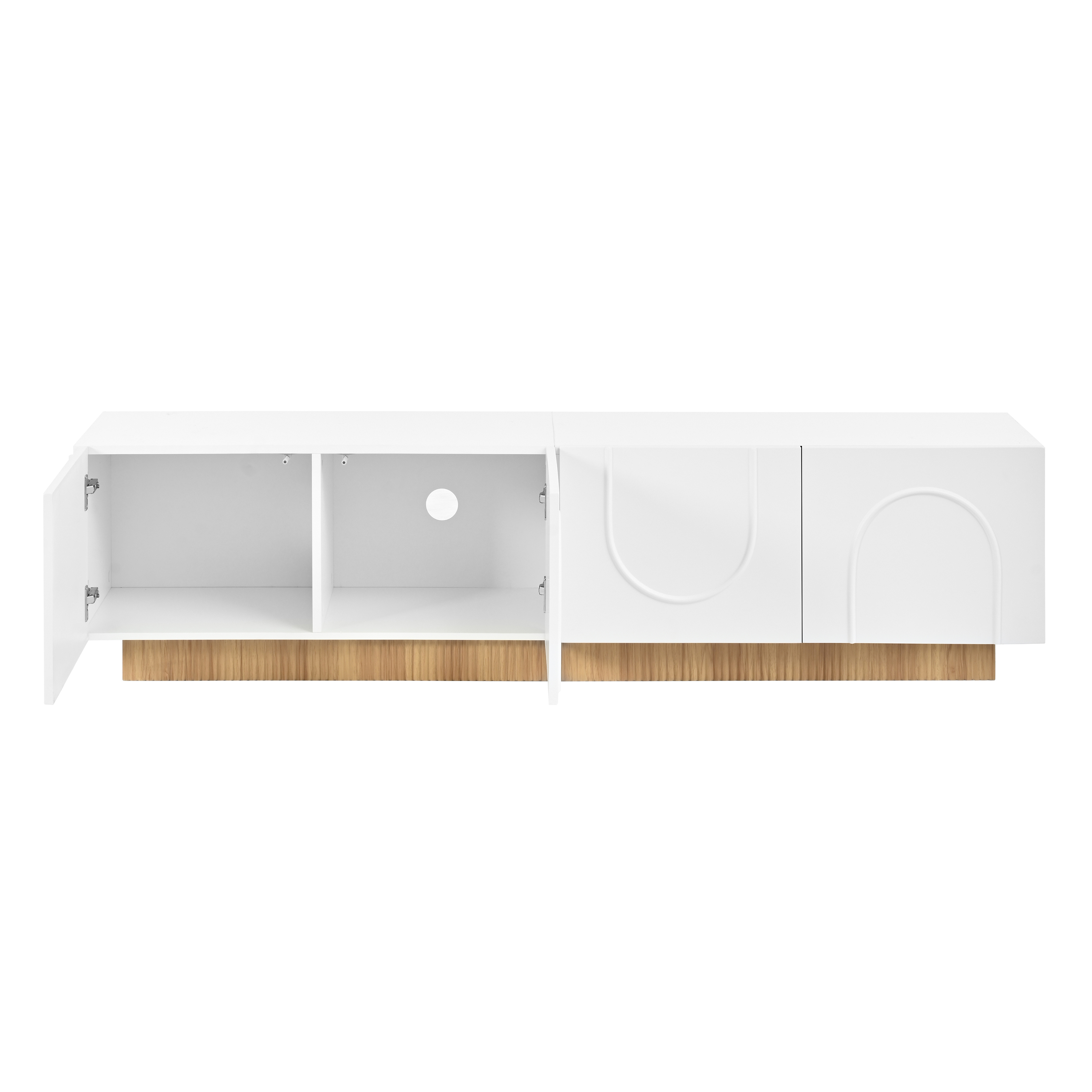 Meuble TV 170 cm, meuble bas de salon avec 4 portes, 4 compartiments, passe-câbles, façade en relief géométrique, panneaux de particules et MDF, Blanc