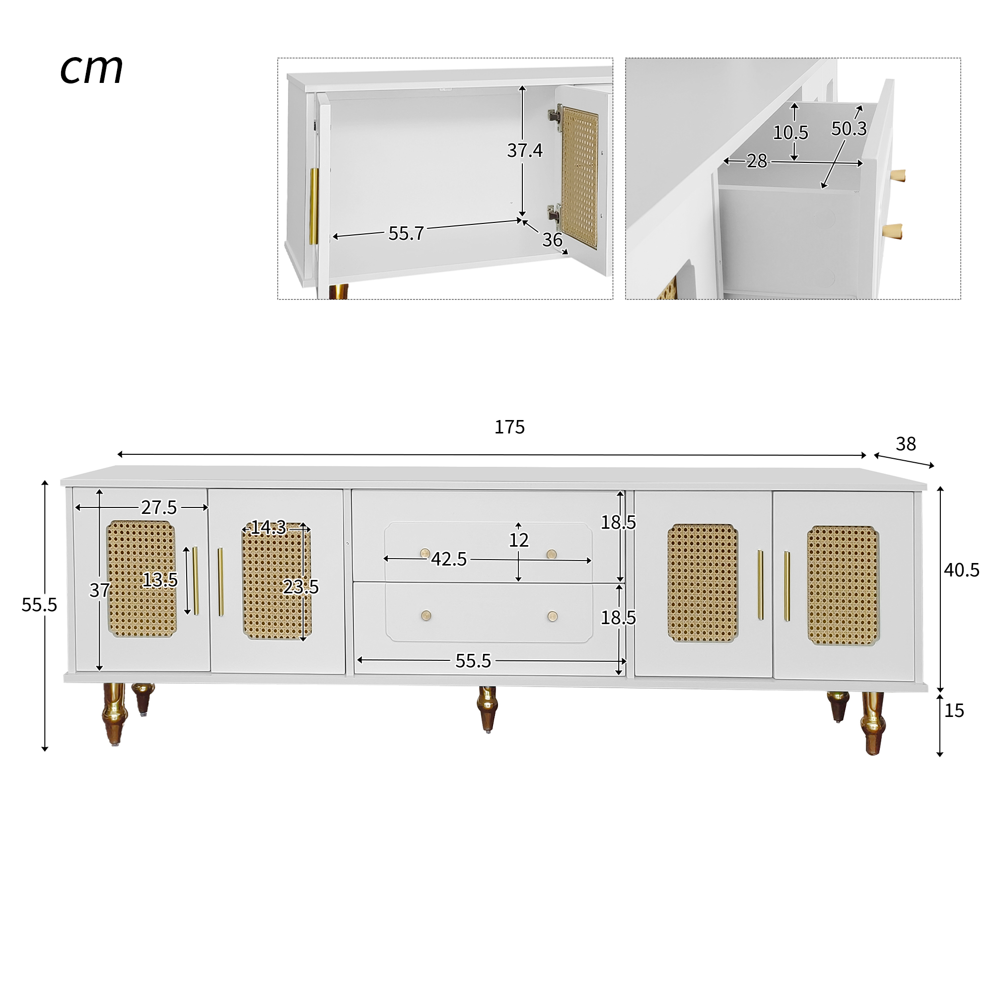 Meuble TV, rangement intégré, détails en rotin, 175 x 38 x 55,5 cm, panneaux de particules et métal, blanc - vue 1