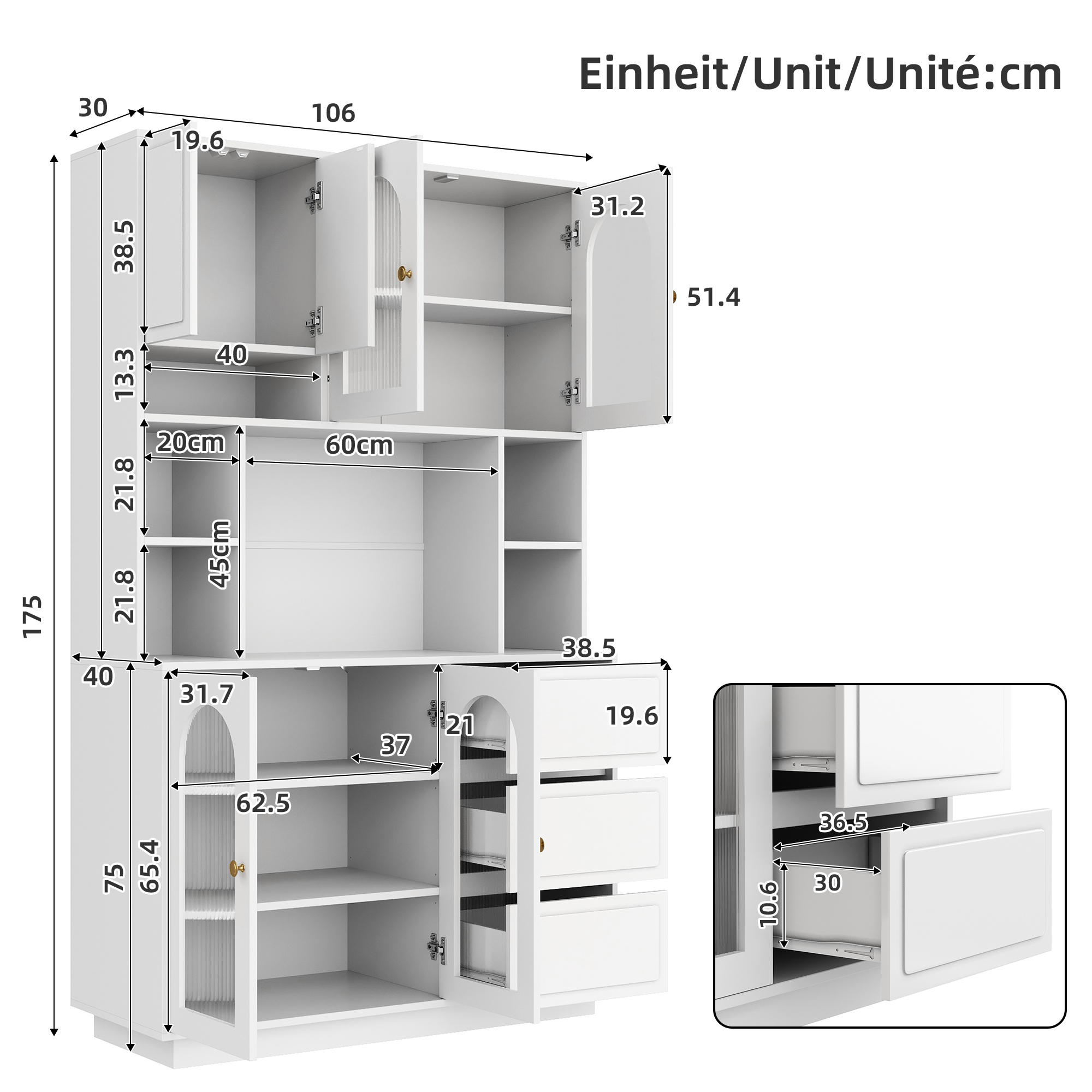 Buffet haut 106 x 30 x 175 cm, LED, étagères réglables, MDF, Blanc - détails