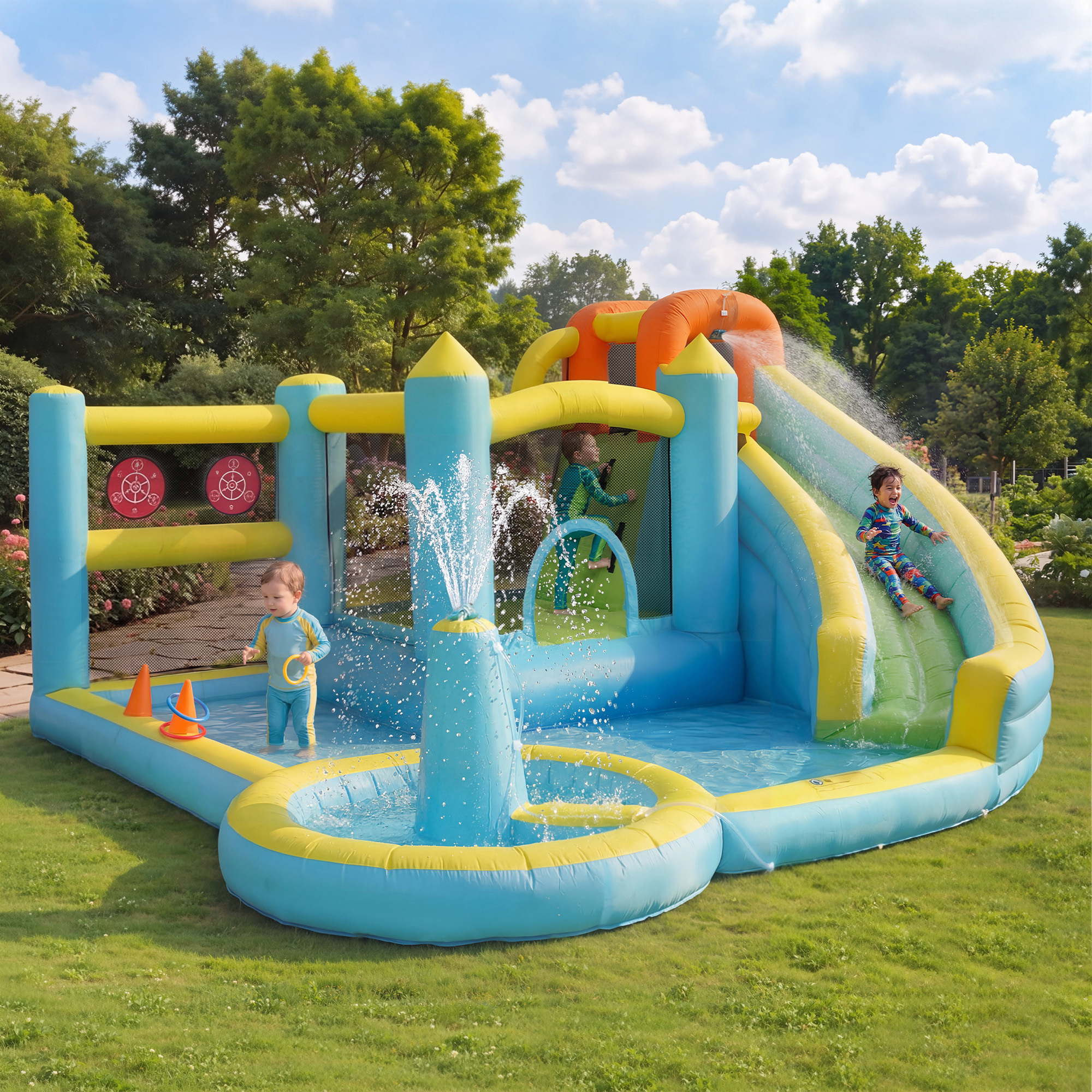 Kinder Hüpfburg Wasserpark Wasserrutsche Pool Aufb