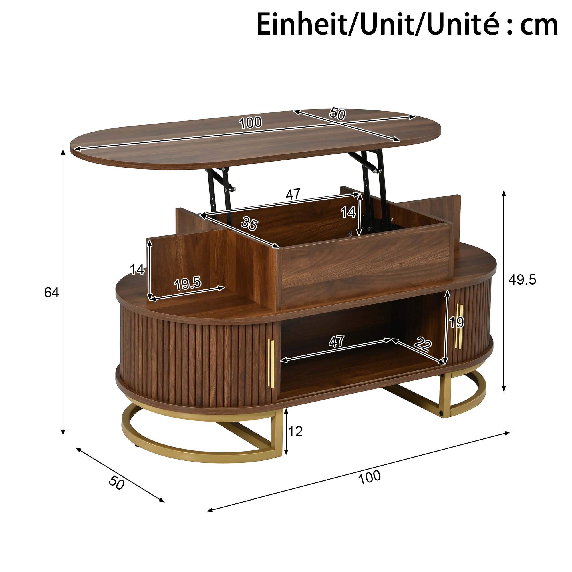 Détails du plateau relevable et des espaces de rangement de la table basse ovale