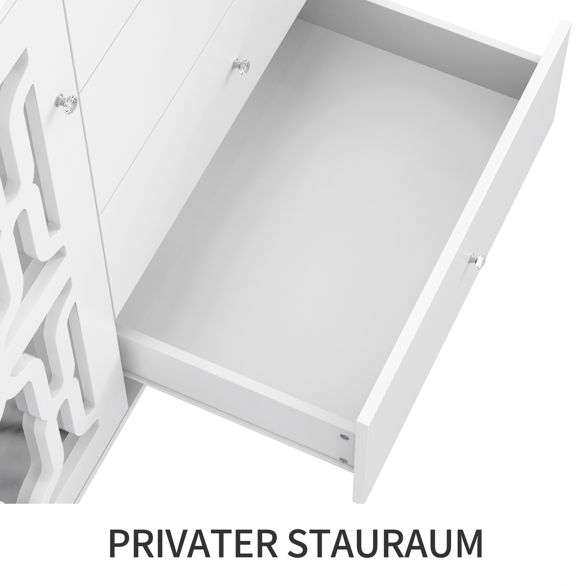 Buffet blanc avec surface miroir, poignée verre cristal, 2 portes + 4 tiroirs, pieds bois massif, dimensions 147.5×40×102 cm, pour salon et entrée, design luxueux, beaucoup de rangement, style élégant - image 14
