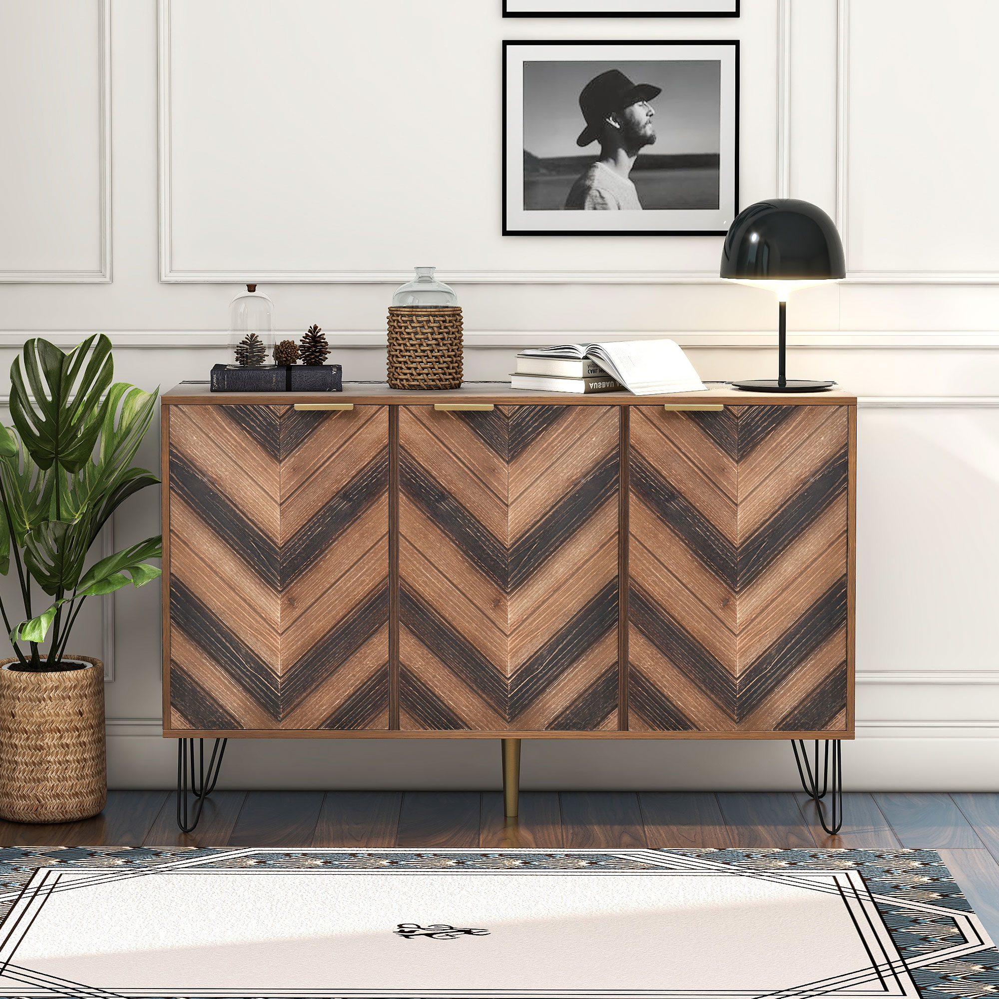 Buffet 3 portes 120×38×76,5 cm, poignées dorées, finition bois naturel, chaque porte avec compartiment et étagère réglable, design élégant moderne, beaucoup d'espace de rangement, pour salon et salle à manger - image 1