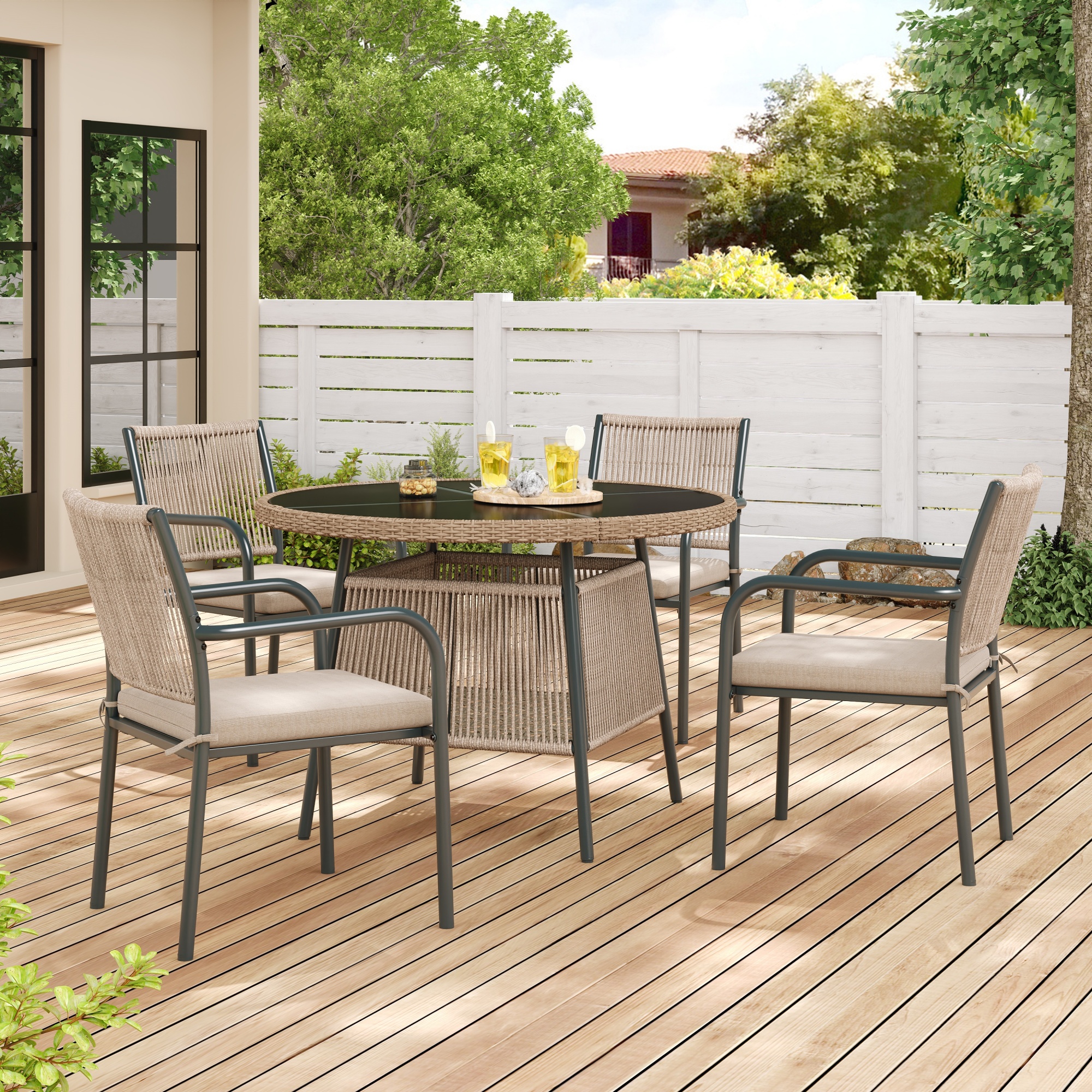 Cadre en fer robuste pour table et fauteuils, usage terrasse‑balcon