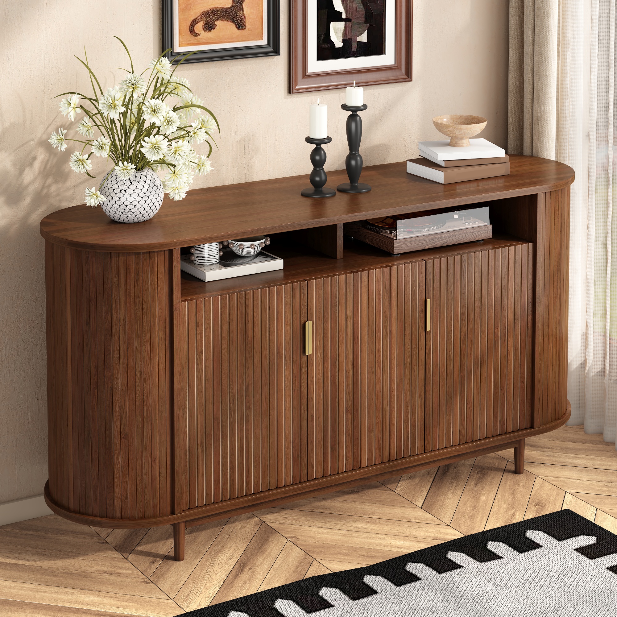 Buffet 140 x 40 x 78 cm, 3 portes, MDF et panneaux de particules, Effet noyer - vue principale