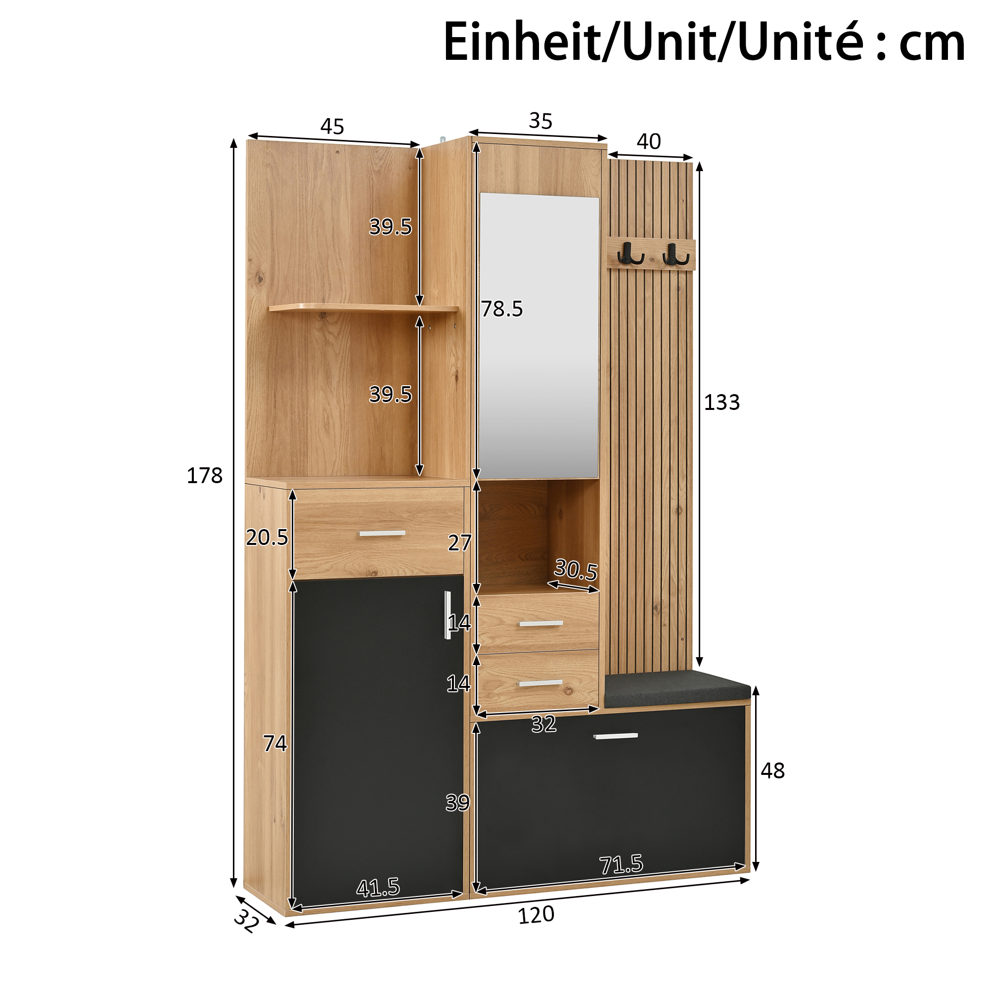 Armoire penderie 120 x 32 x 178 cm, portes courbes, tringle, tiroirs, LED, MDF et panneaux de particules, Noir et Effet bois naturel - détails